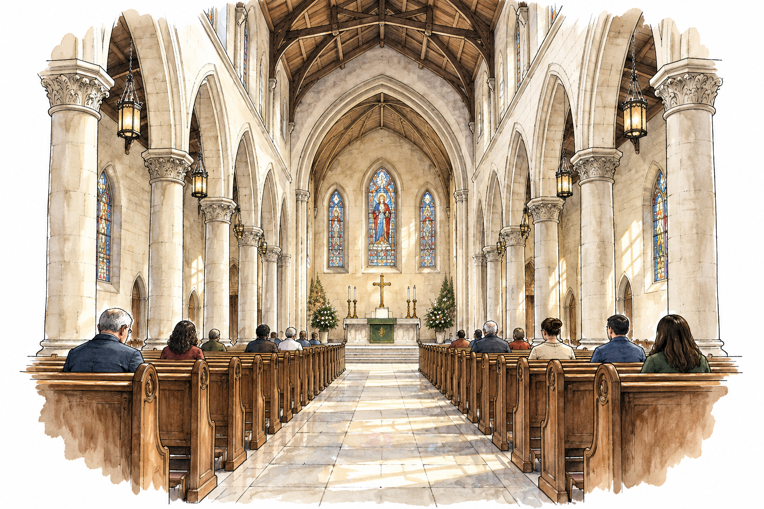 Long central nave of a church between rows of columns, looking toward distant altar.
