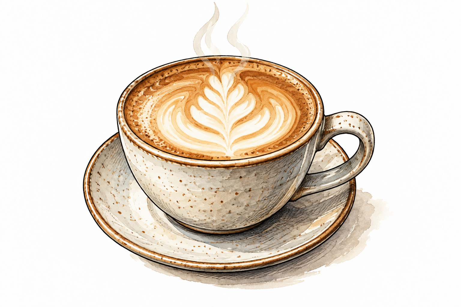 A ceramic latte cup shows espresso mixed with steamed milk and a simple foam rosette.