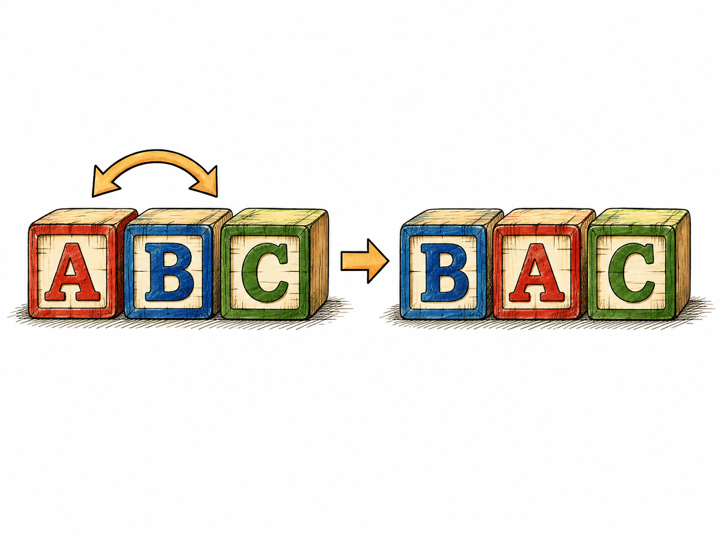 Two arrangements of three wooden blocks change from A B C to B A C, with restrained arrows showing transposition; letters are essential functional content.