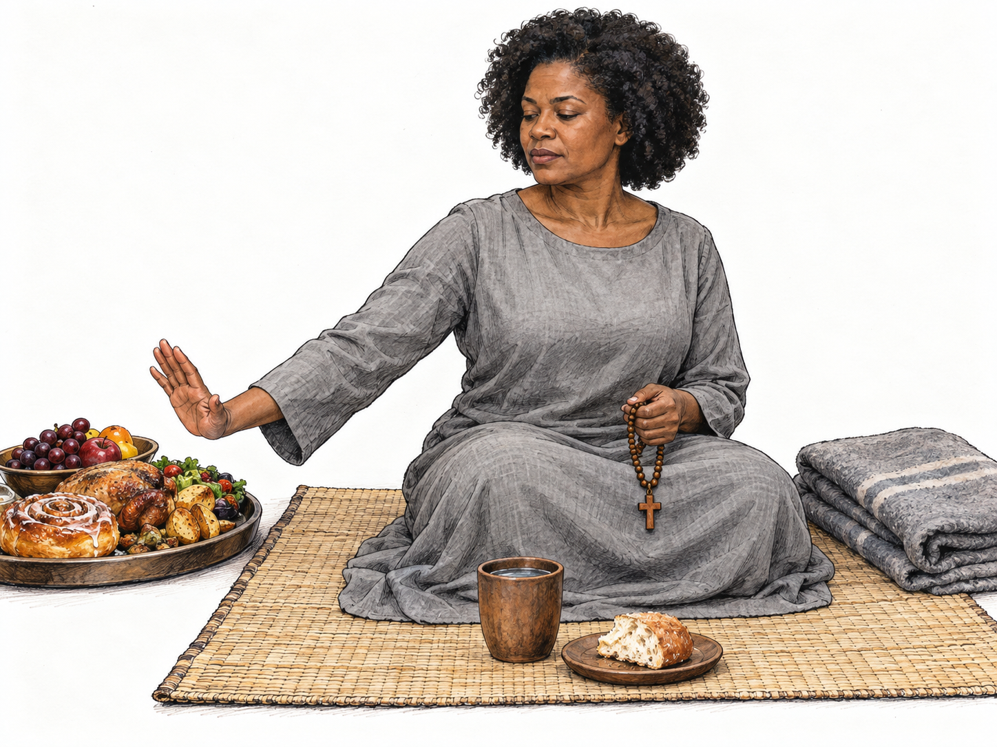 A woman in a deliberately austere prayer space turns away an available rich meal, choosing a small piece of plain bread and water beside her prayer beads and thin sleeping mat.