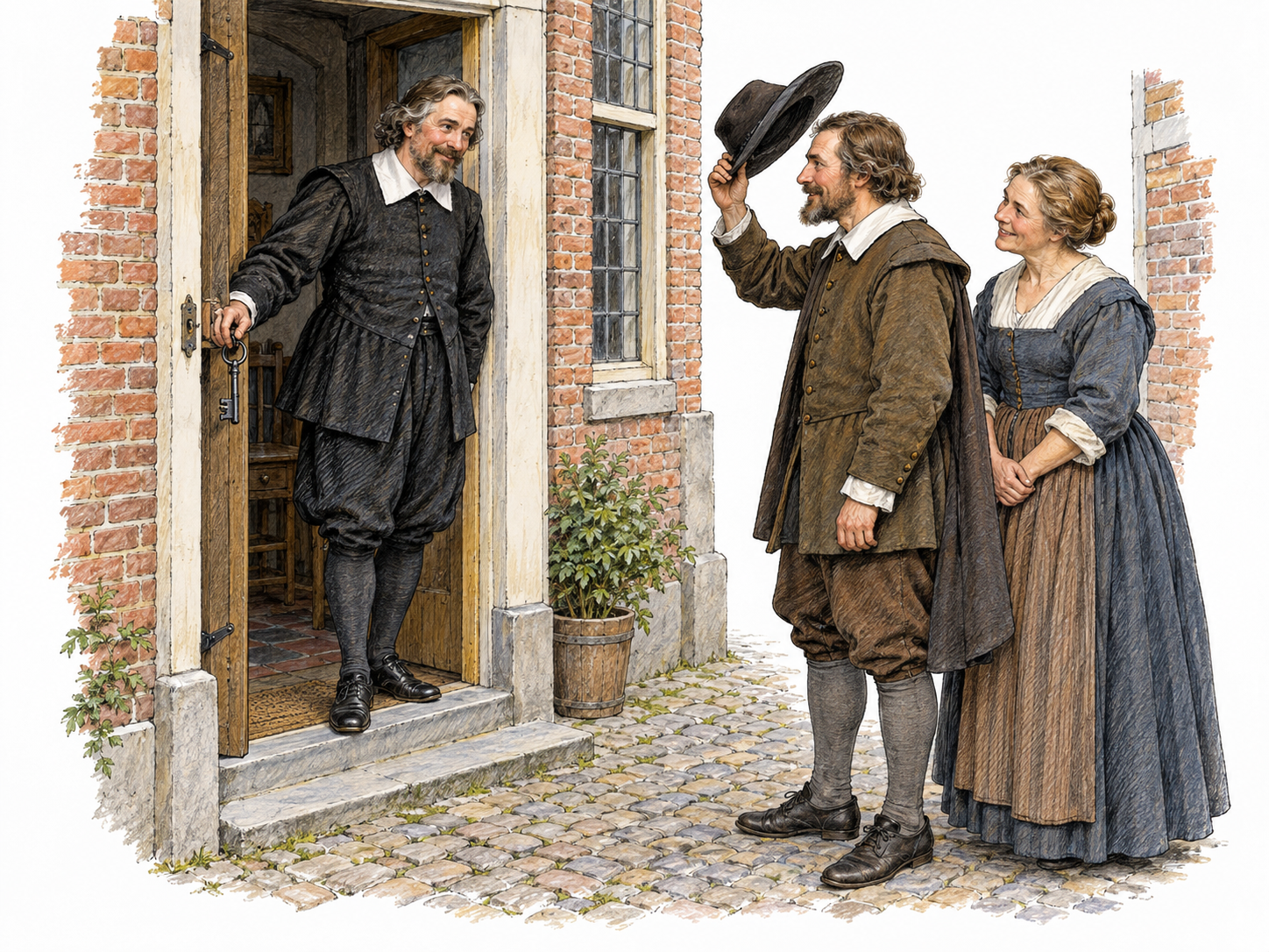 An established, respected townsman stands at his own doorstep in a compact early-modern Dutch town, exchanging cordial, deferential greetings with two neighbors.