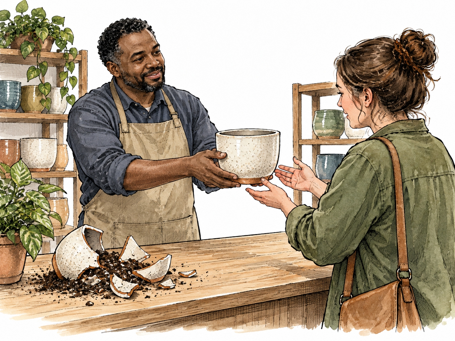 Black shopkeeper gives customer replacement ceramic pot beside accidentally broken one.