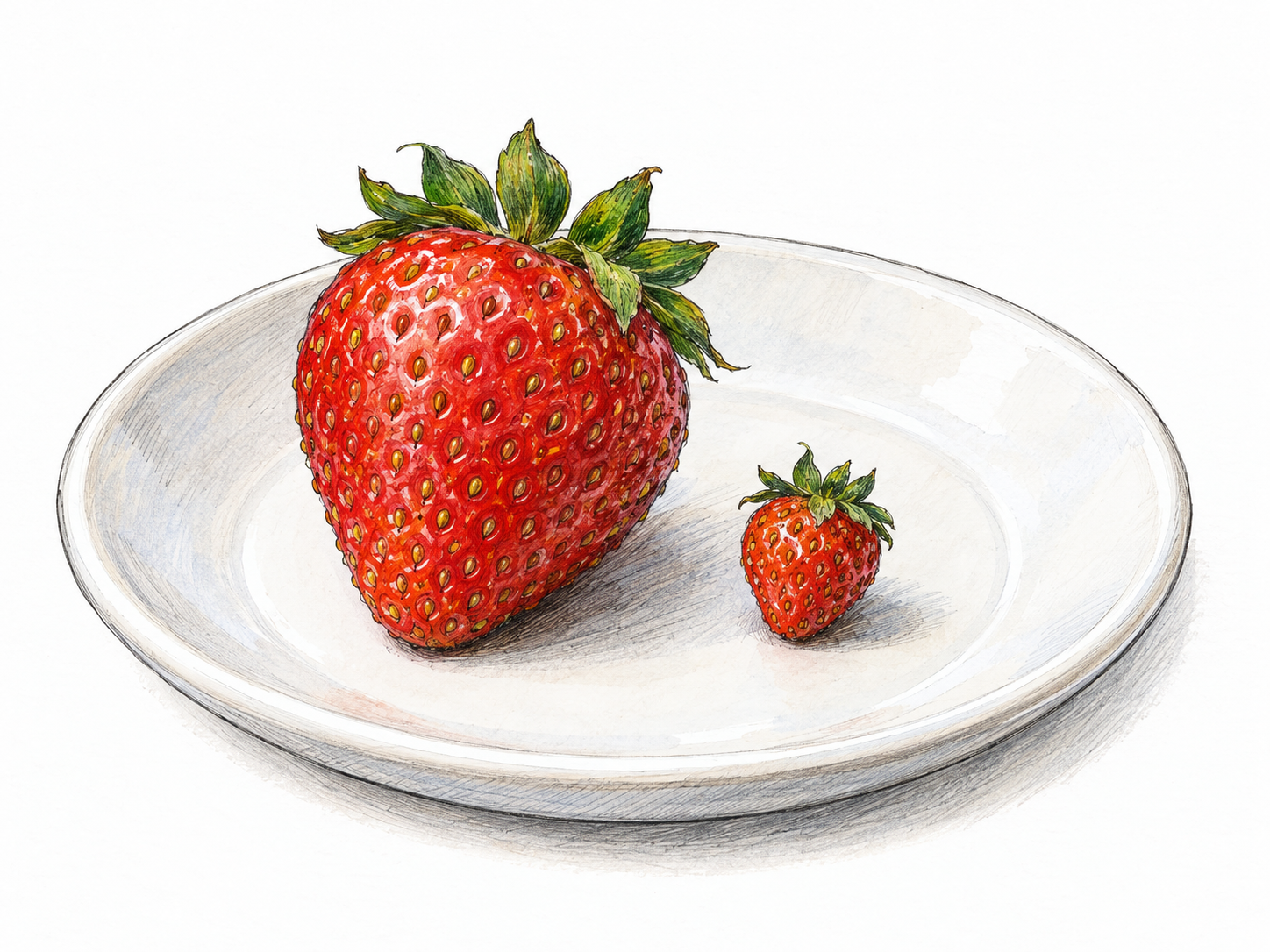 A wee strawberry beside a normal-sized strawberry on the same plain saucer, with their dramatic size contrast immediately visible.