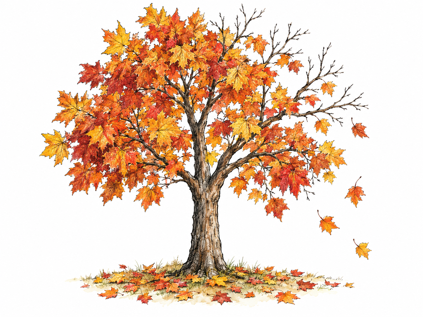 A small deciduous tree with russet, gold, and orange foliage, a few leaves falling, and a loose carpet of fallen leaves beneath it visibly conveys autumnal qualities.