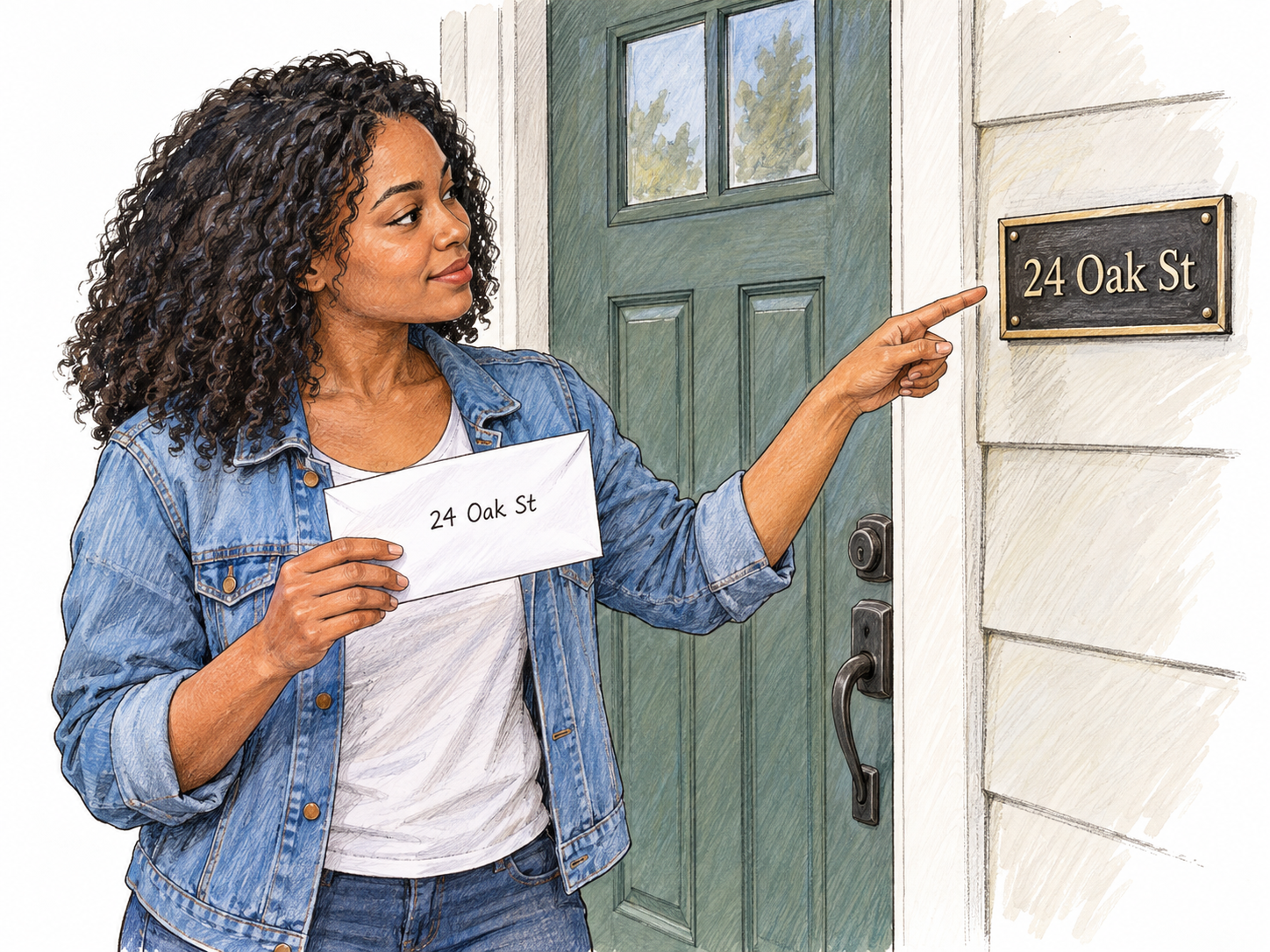 A visitor locates a home by matching the short address on an envelope to the address plaque beside its front door.