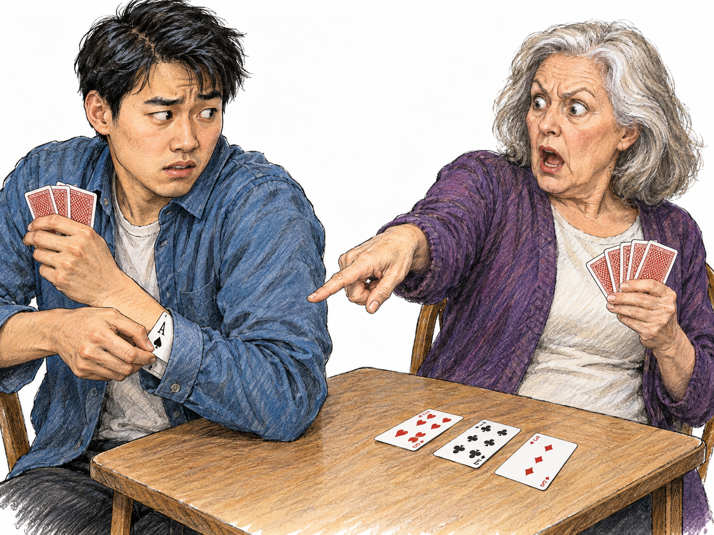 A card player openly cheats by slipping a concealed ace from his sleeve; the woman who sees it recoils in shocked moral disapproval.