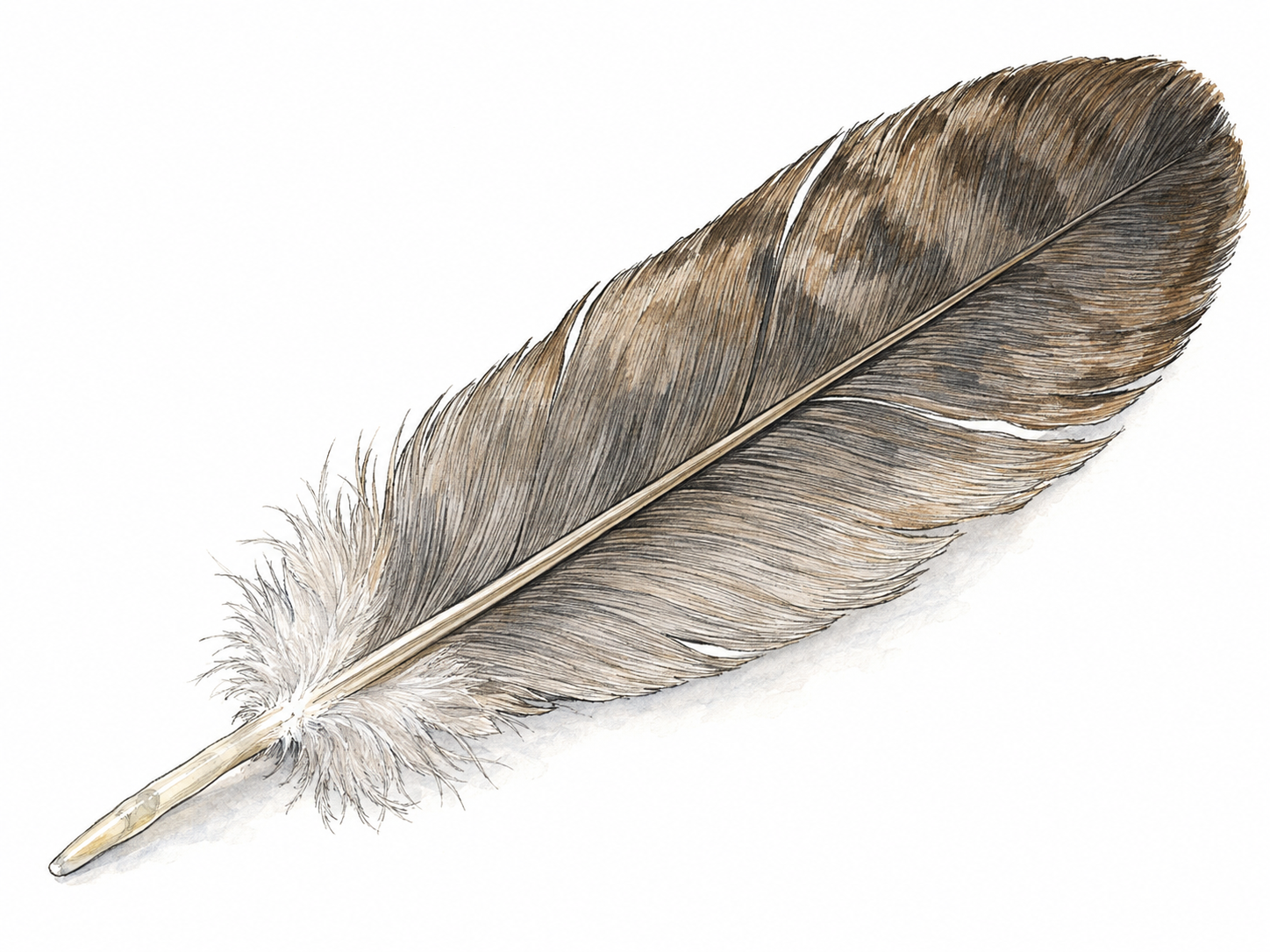 A single naturally shed bird flight feather, large and isolated, with a slender central shaft, finely interlocking barbs, and a soft downy base.
