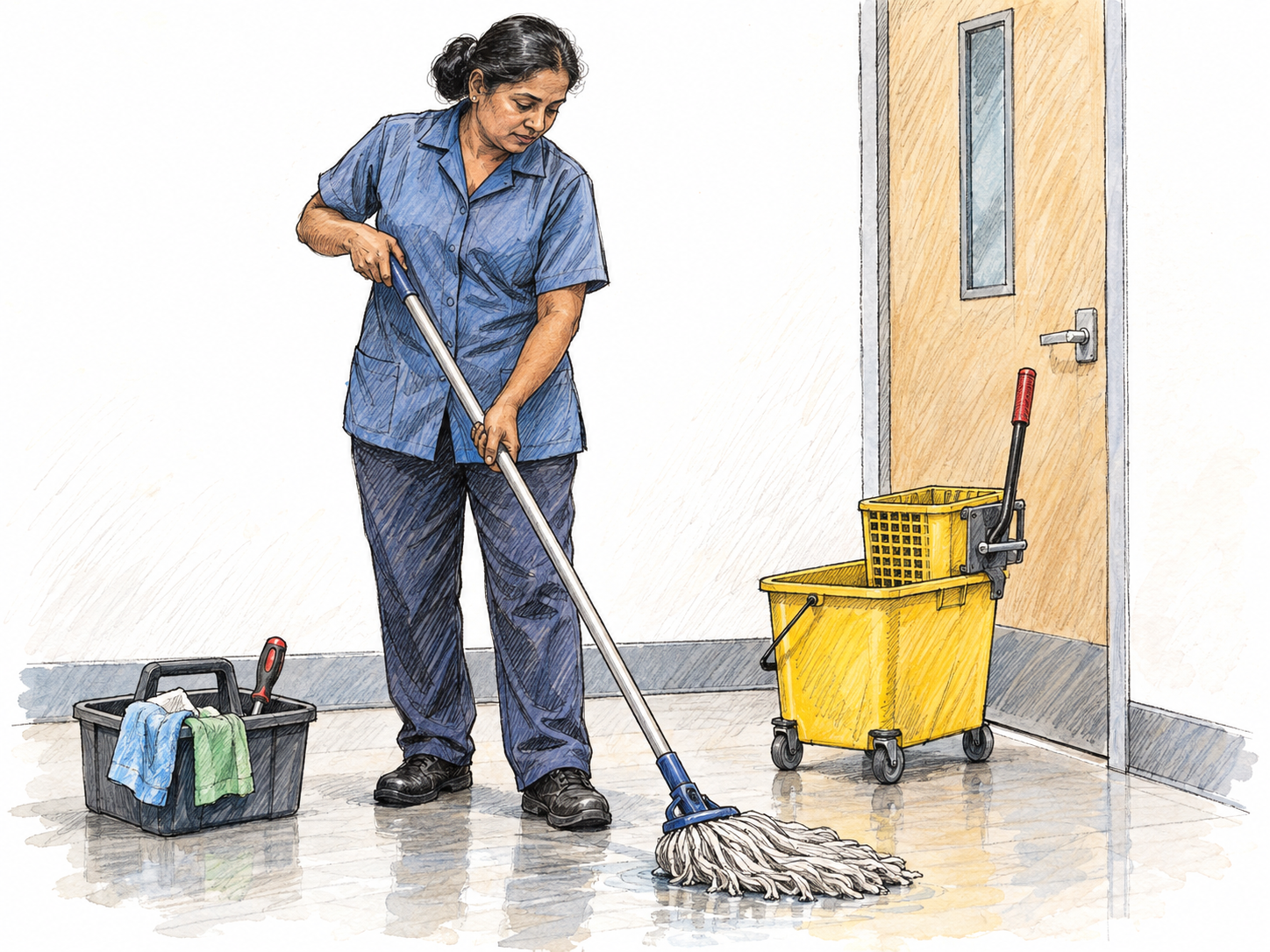 A janitor mops a building's hallway beside a wheeled cleaning bucket and a small maintenance caddy, showing routine professional building care.