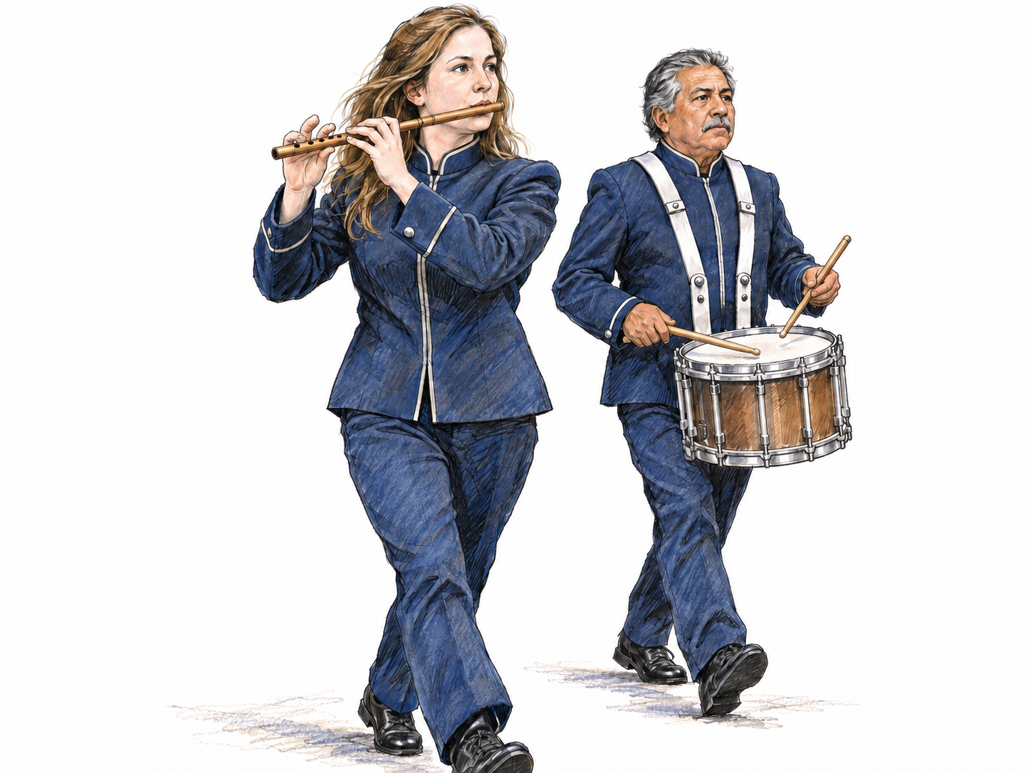 A marching musician plays a small, keyless wooden fife, with a marching snare drummer slightly behind her to establish its musical use.