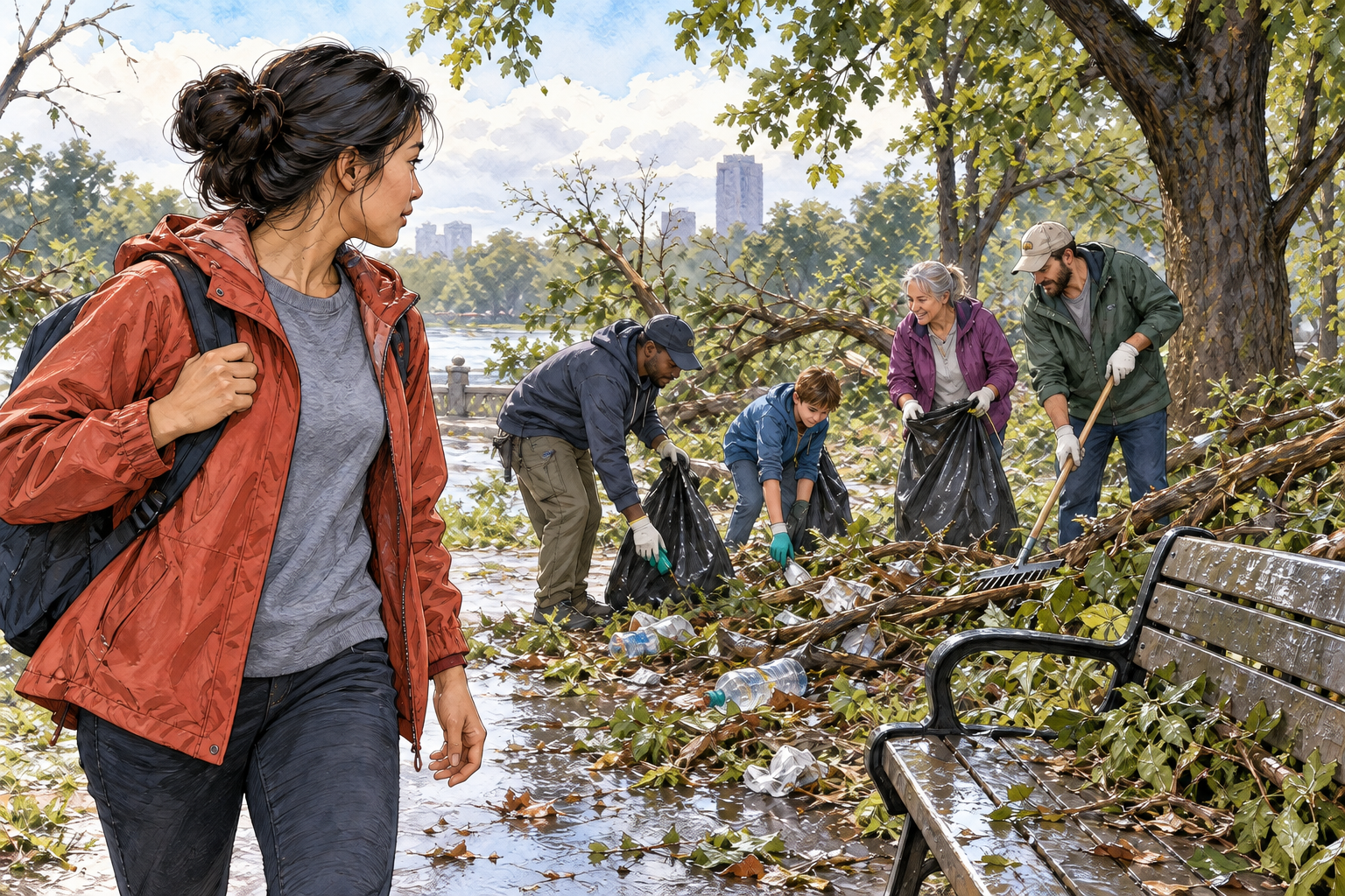 A person sees urgent litter after a storm and is moved to join neighbors cleaning a park, internal drive to act.