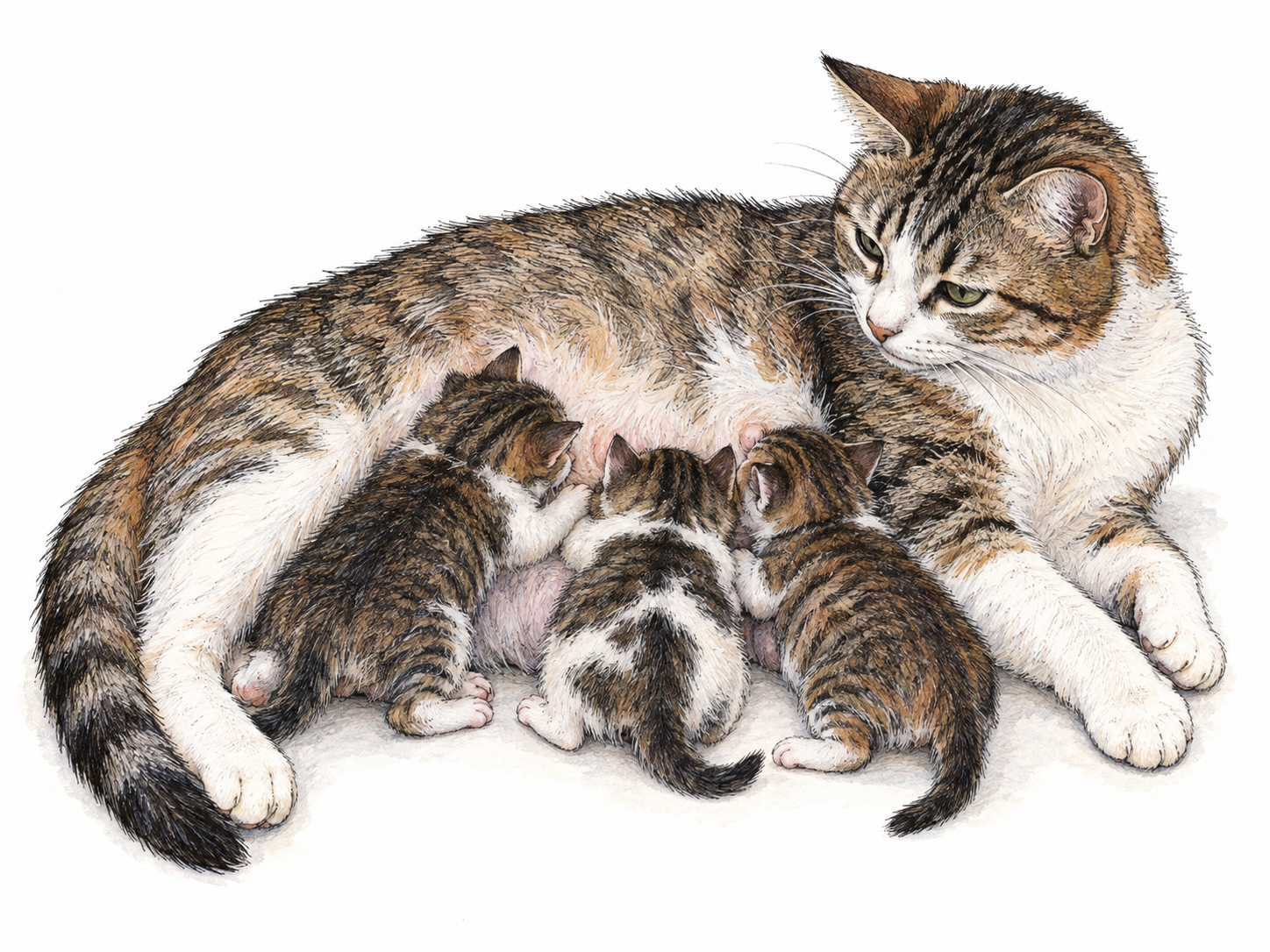 A mother cat lies on her side while her tiny kittens nurse, making the parent–young relationship directly visible.