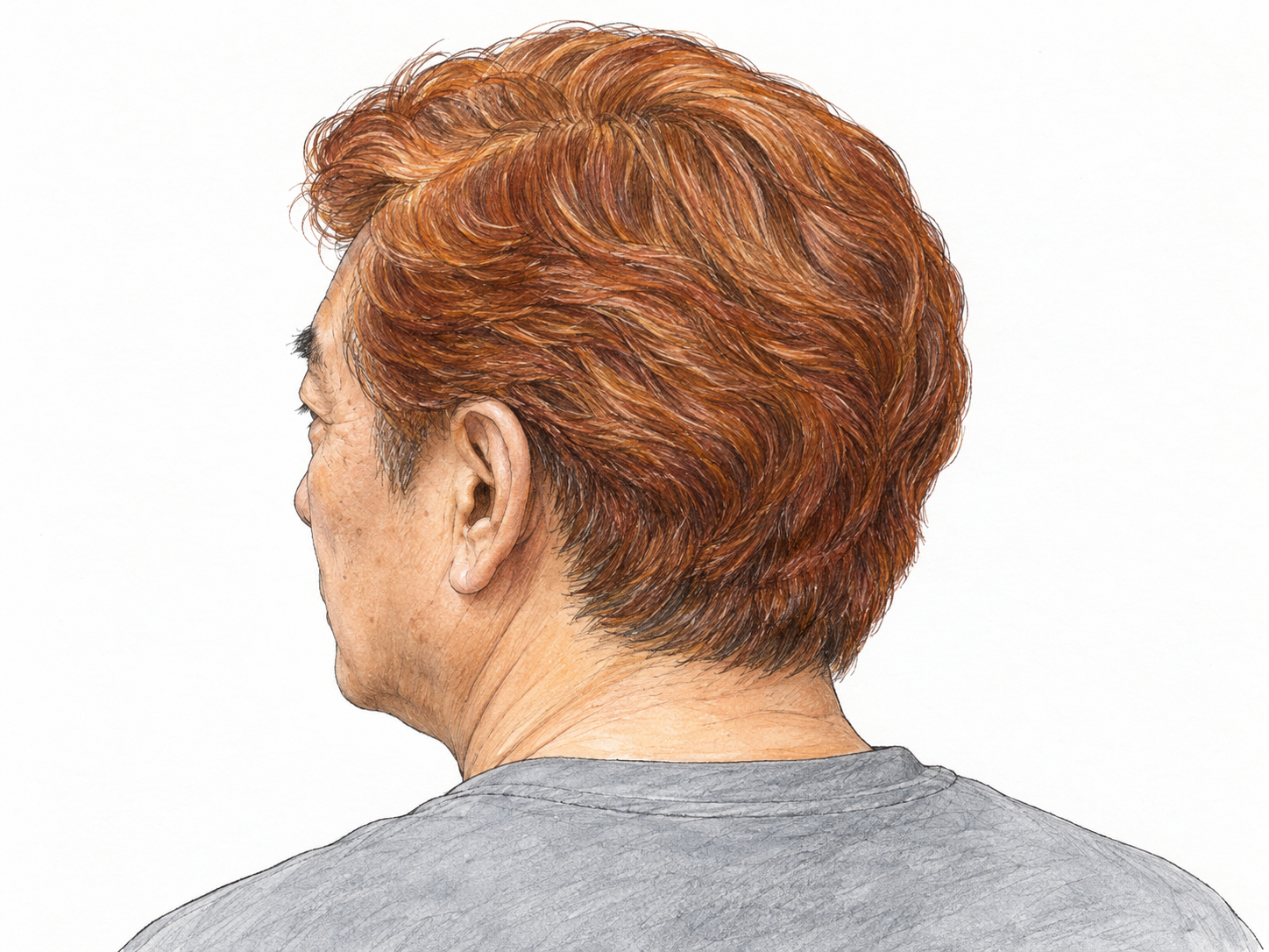 A close three-quarter rear portrait emphasizing a man's thick reddish-gold auburn hair against a neutral white ground.