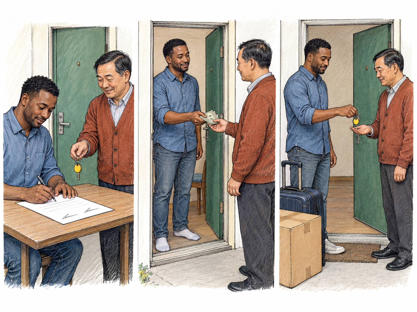 A compact three-stage sequence shows a signed property agreement, paid occupancy, and the return of the same apartment key when the occupant moves out.