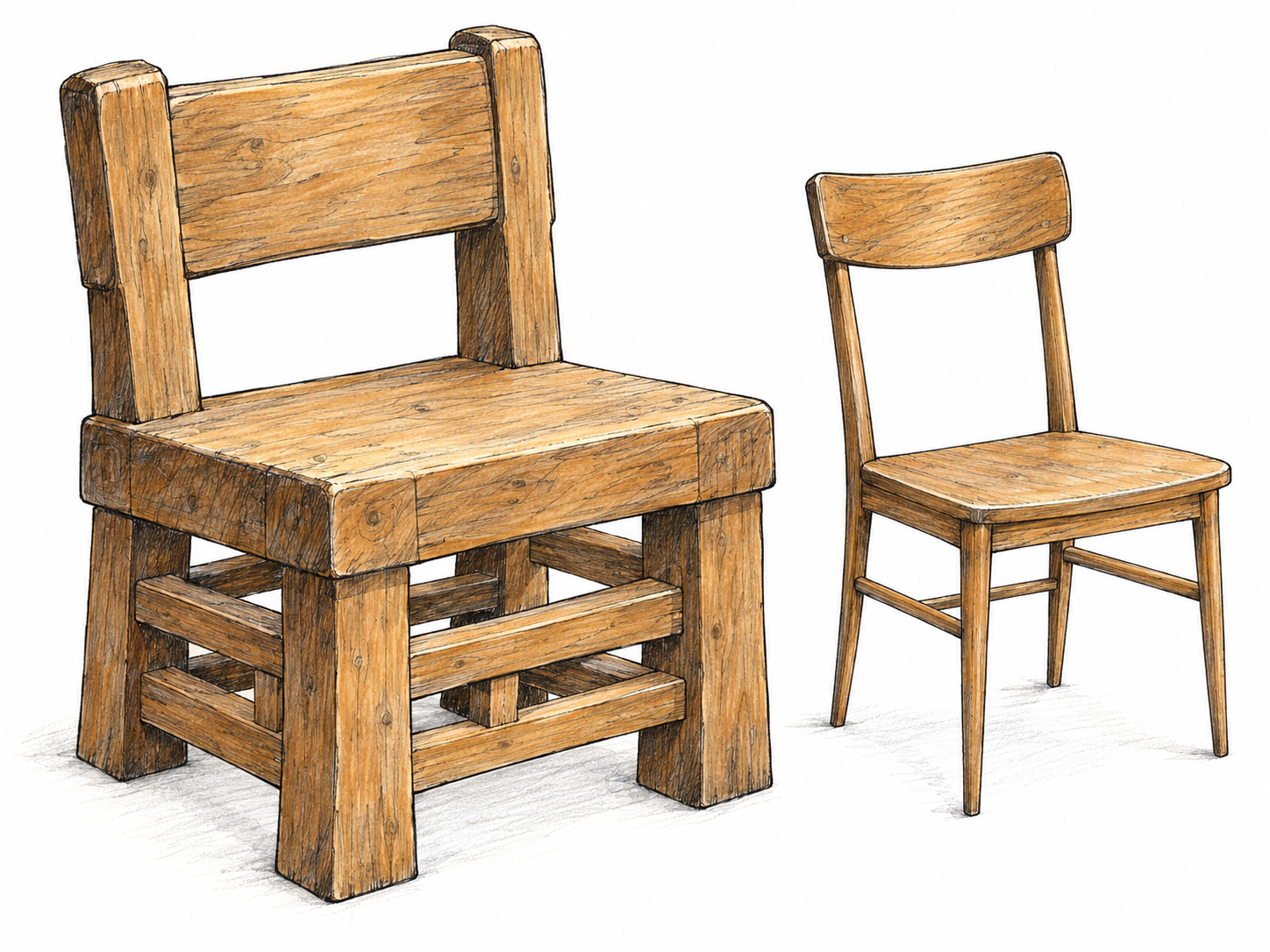 An ungainly wooden chair with a bulky seat, excessively thick legs, and a visually cluttered network of redundant braces, beside a modest, clean-lined chair.