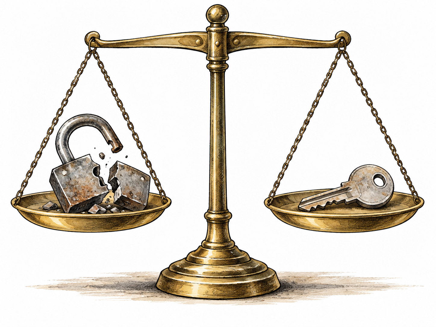 Balanced scale holds two different actions with same consequence: broken padlock and stolen key giving access, visual equivalence.