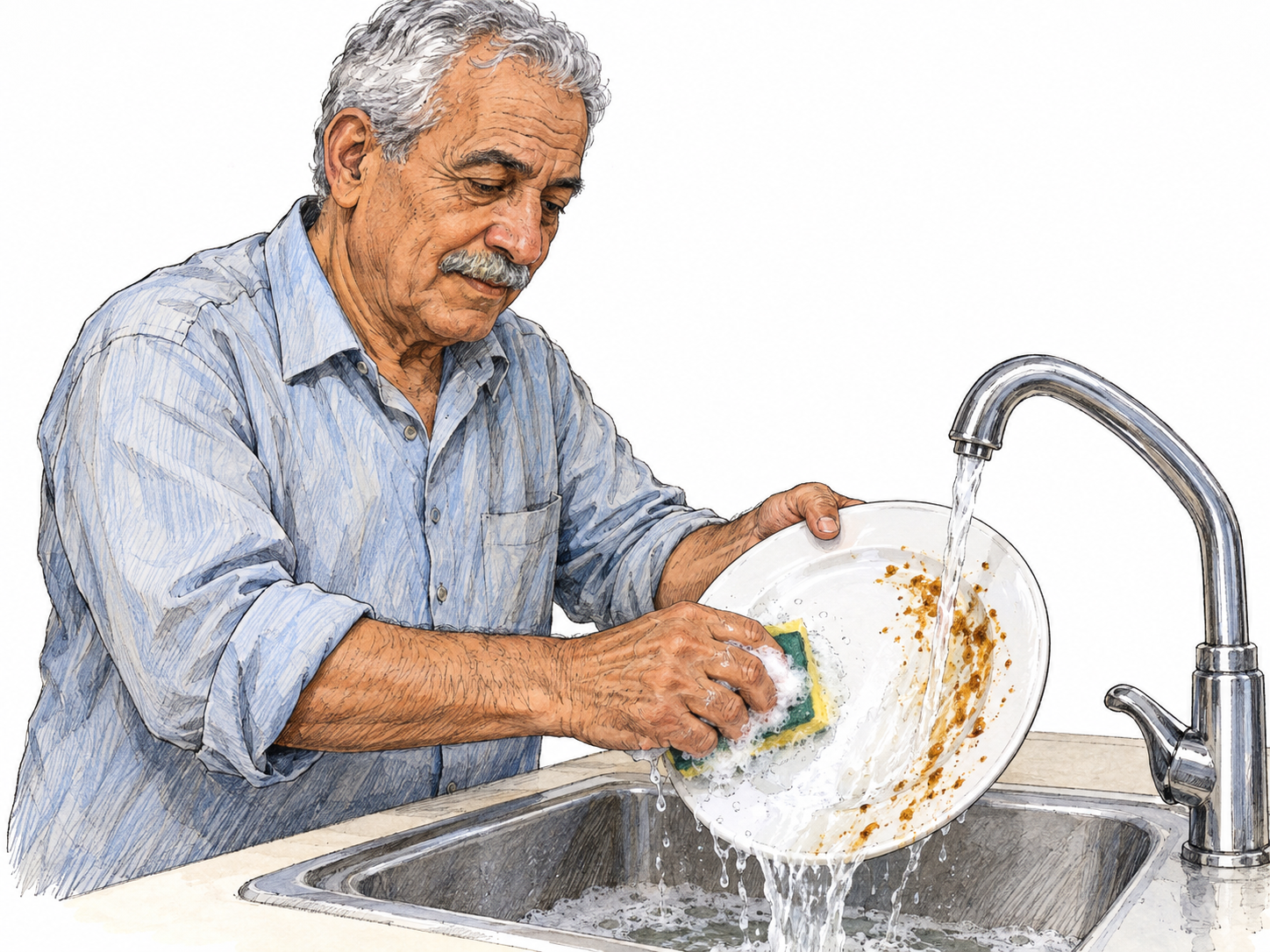 An older man scrubs a dirty dinner plate with a sudsy sponge beneath running tap water, with visible food residue and a clean portion of the plate making the cleaning action clear.