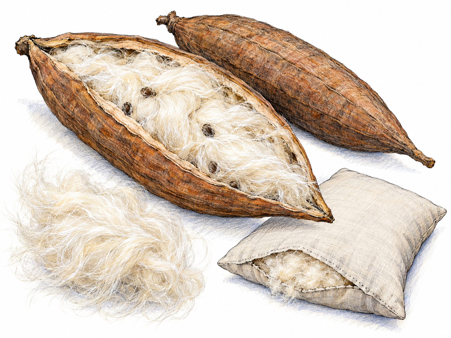 Split woody kapok pods reveal silky cream-colored fiber and dark seeds beside a loose tuft of the same fiber spilling from an unfinished cushion, linking its plant source to its use as stuffing.