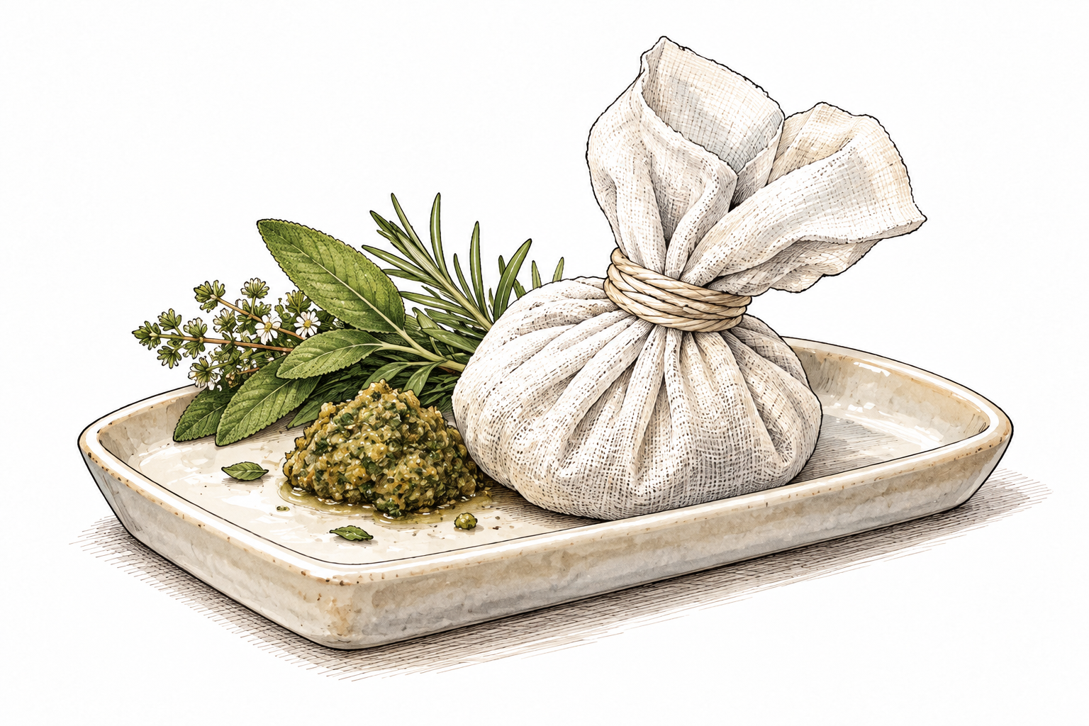 A soft moist medicinal poultice folded in clean linen on a ceramic tray, neutral dressing still life without a person.