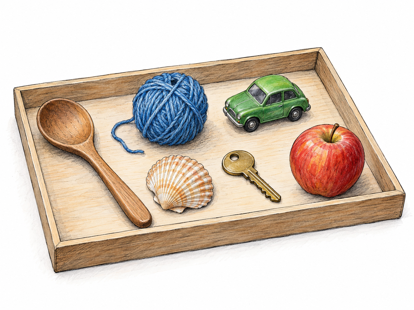A shallow open tray holds a visibly miscellaneous assortment: a wooden spoon, a ball of blue yarn, a small toy car, a seashell, a brass key, and a red apple.
