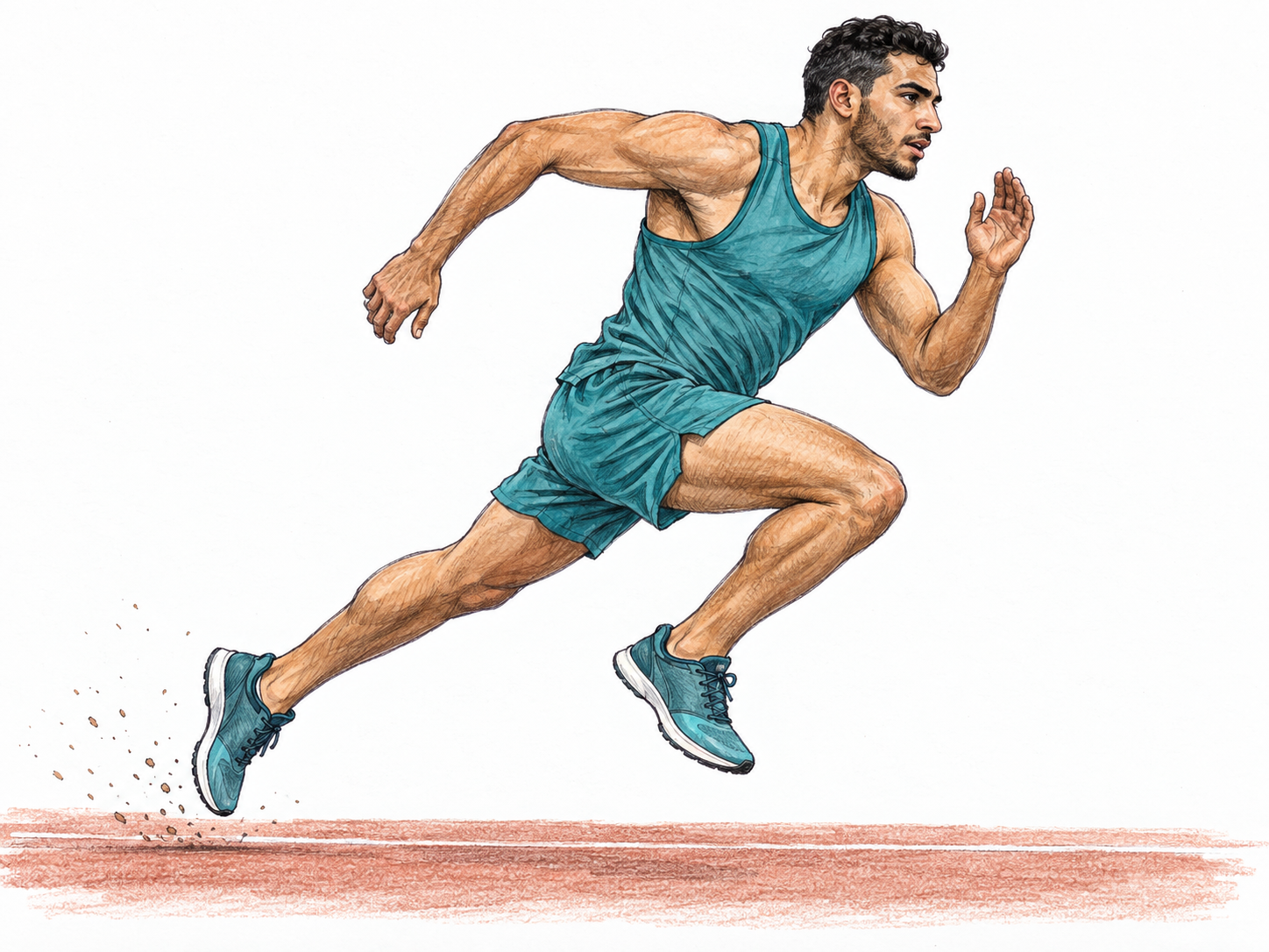 A sprinter captured at full speed, airborne between powerful strides, with bent arms driving in opposition to his legs and a few flecks of track grit trailing behind.