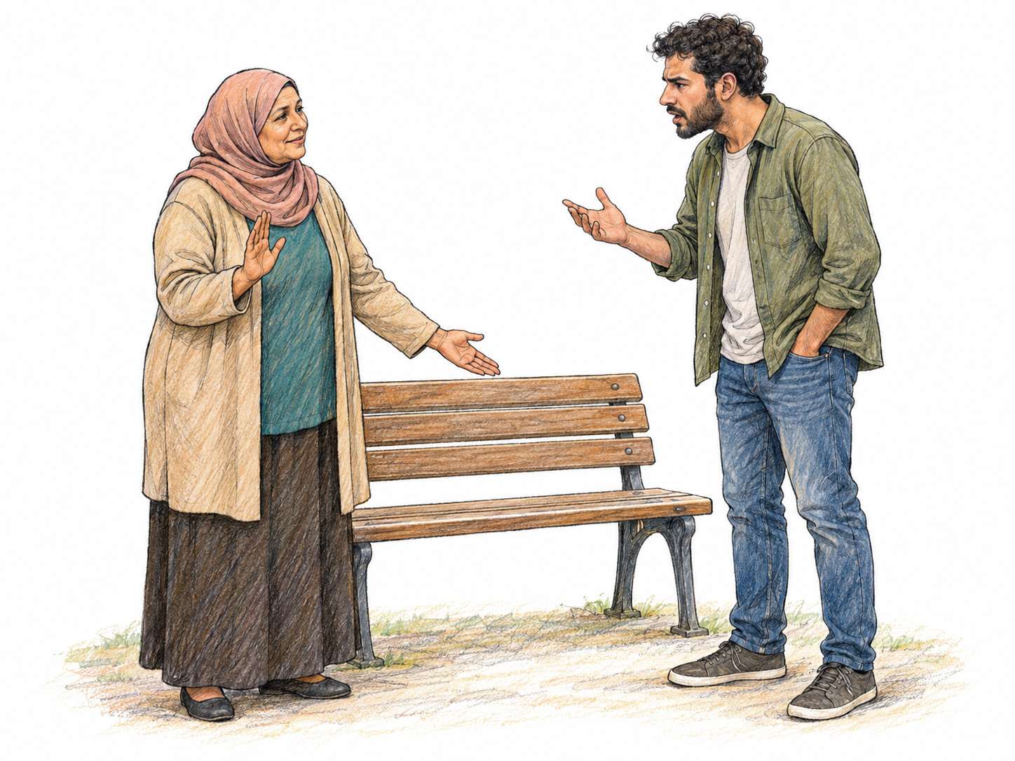 An older woman responds to a young man's irritated complaint with relaxed, open hands rather than arguing, quietly inviting him to sit beside her on a simple park bench.