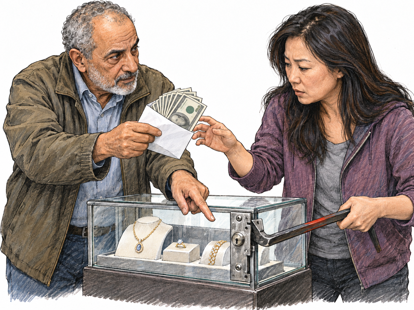 A man offers cash to a reluctant accomplice while directing her to force open a locked jewelry display case; she begins levering its lock with a crowbar.