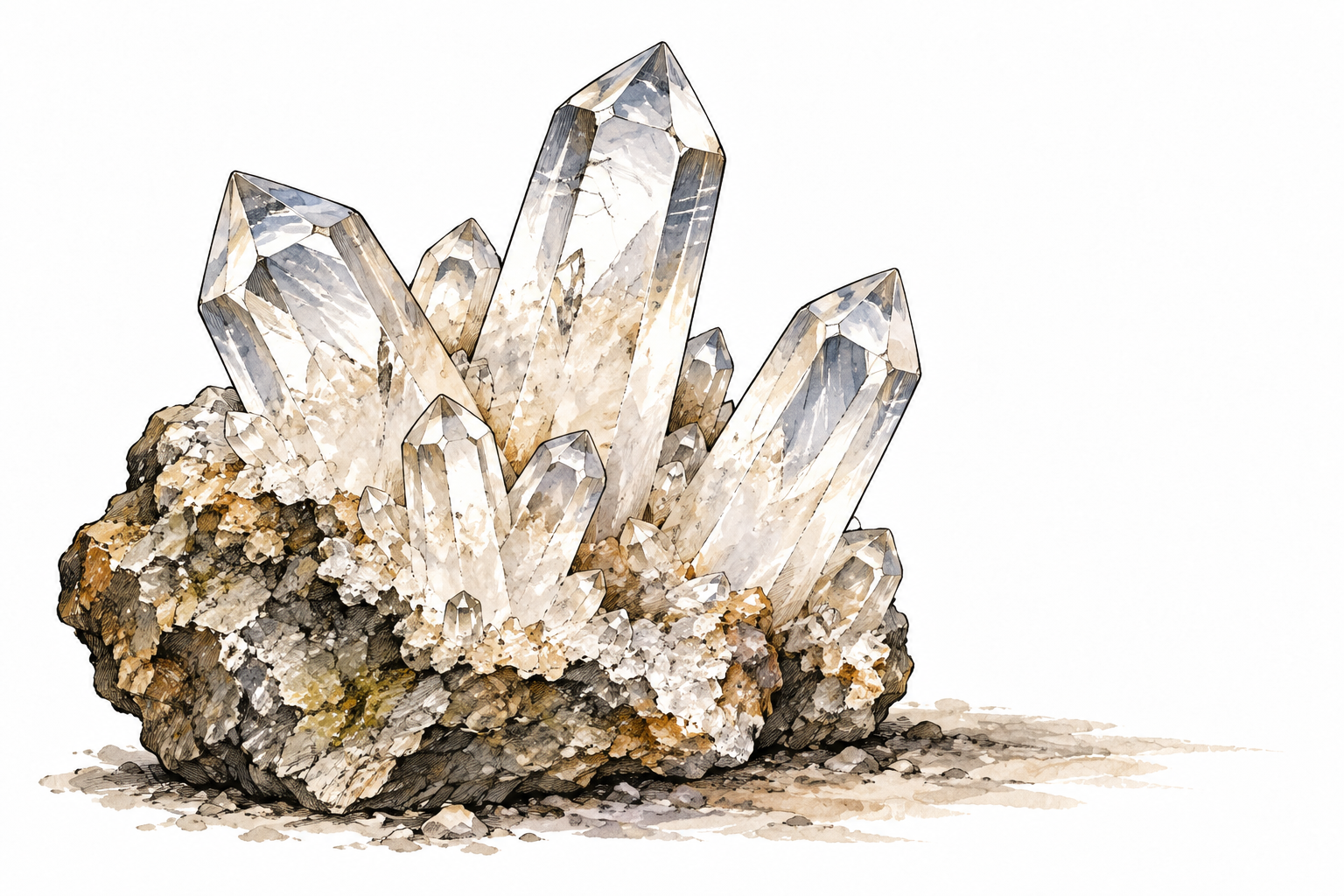 A cluster of clear quartz mineral crystals with regular hexagonal prismatic facets on rock.