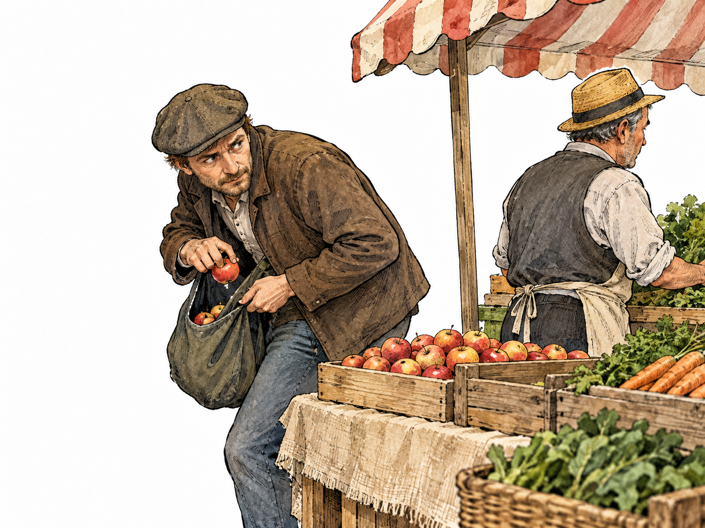 A sneaky white adult repeatedly takes small apples from a market stall into a hidden bag while the vendor looks away.