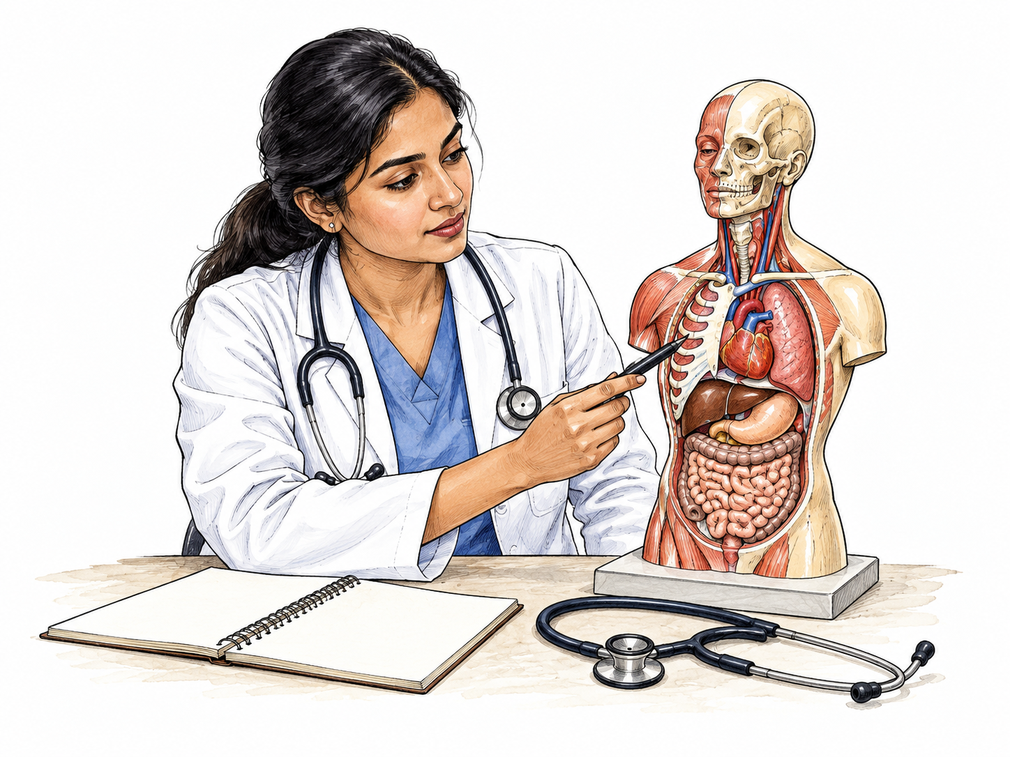 A young physician studies a plain anatomical model beside a stethoscope in a clinic, trained medical role, blank notes and no labels.