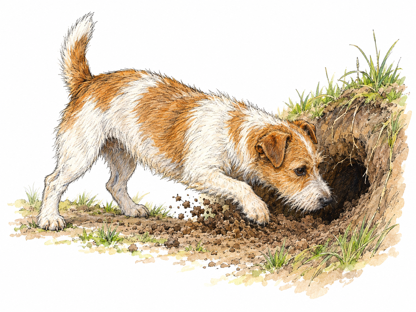 A small, wiry-coated terrier eagerly digging at the entrance of an animal burrow, with its recognizable compact body fully visible.