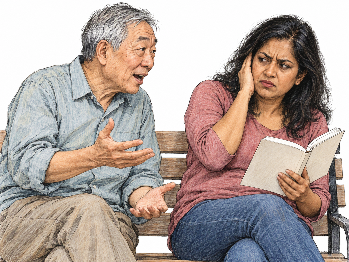 An animated man talks at close range while a woman trying to read visibly winces and shields one ear, making the loud, annoying quality of his talk the focus.