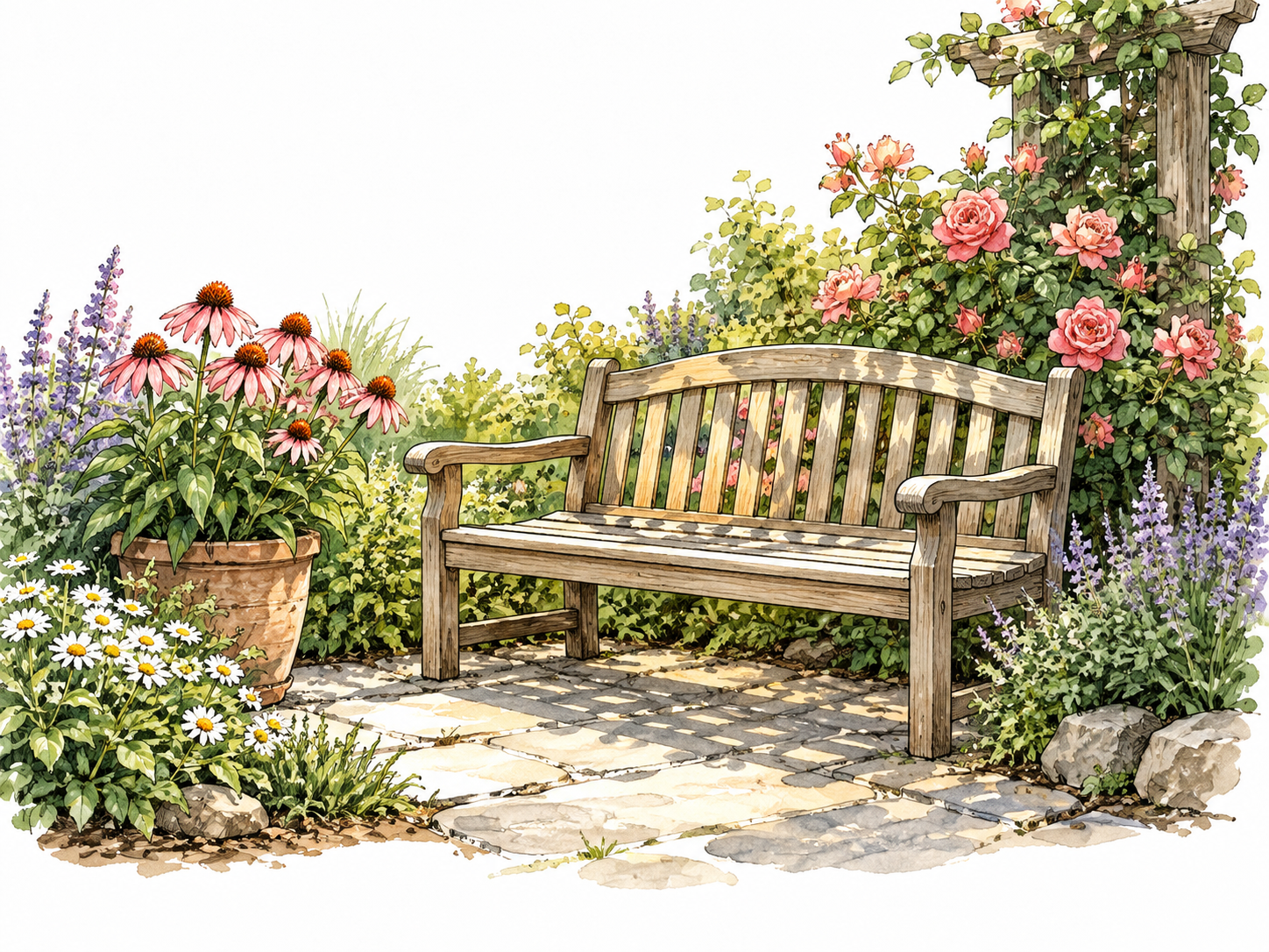 A welcoming sunlit garden bench surrounded by blooming flowers, pleasing inviting appearance.