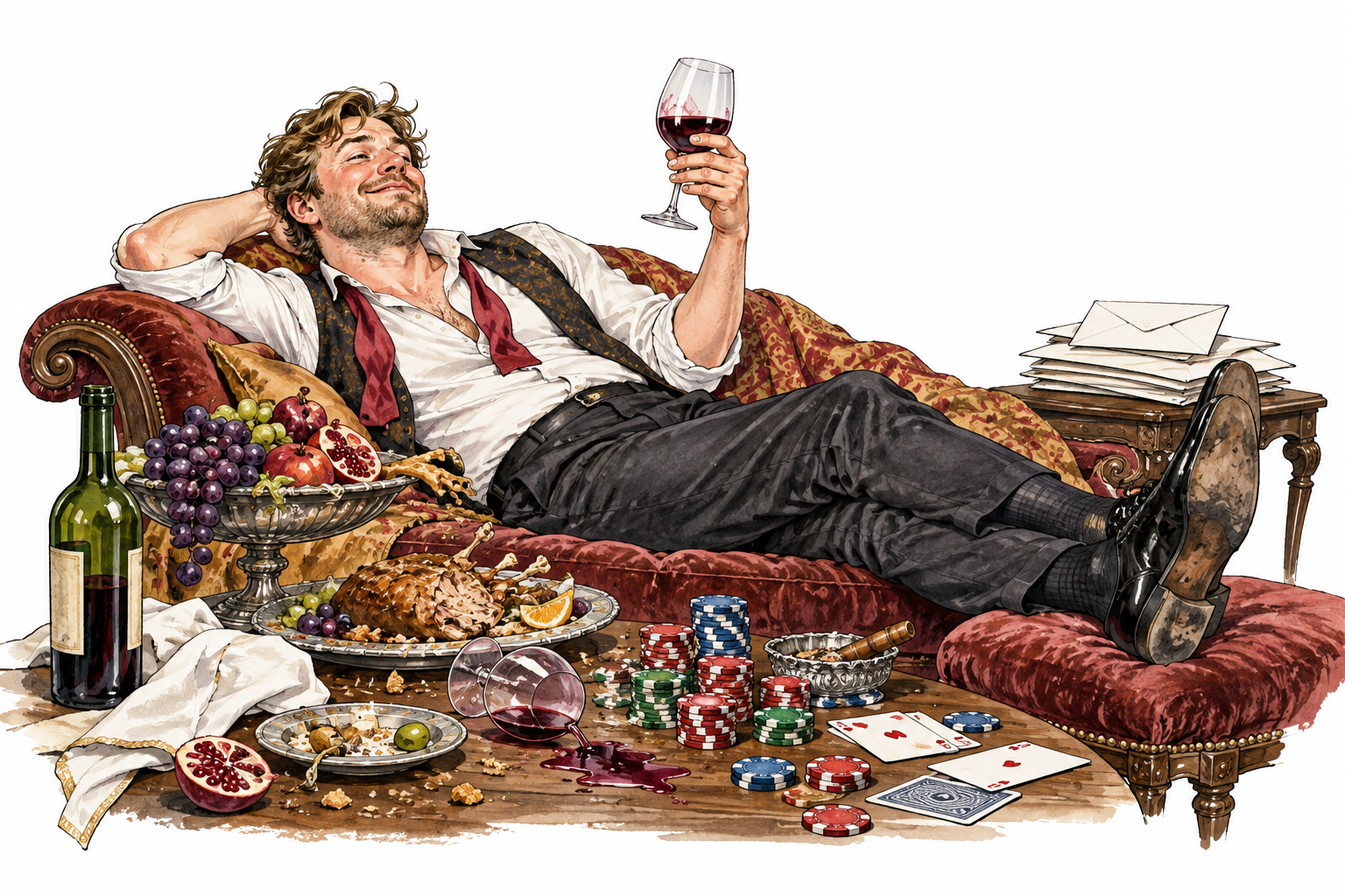 An adult white man lounges amid lavish food, spilled wine and scattered gambling chips, heedlessly wasting pleasure while unopened responsibility envelopes sit aside; no nudity.