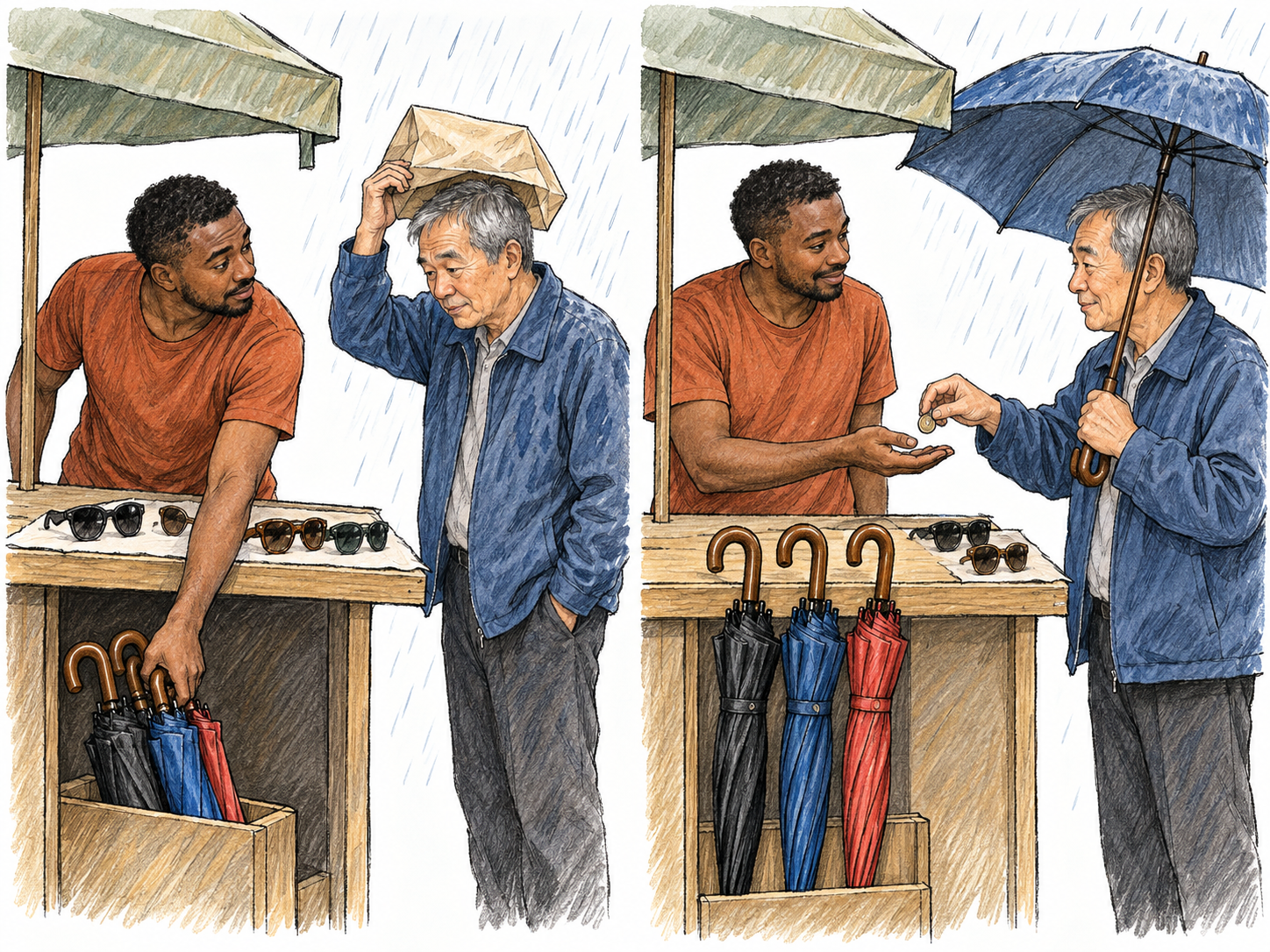 A market trader immediately recognizes a practical opportunity when rain begins: while his stall still displays sunglasses, he notices shoppers shielding themselves from the rain and brings out umbrellas.