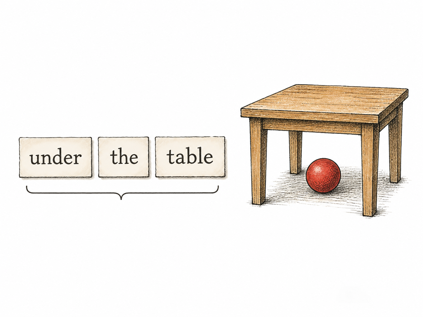 Three separate small paper word tiles placed closely together on a desk read exactly “under” “the” “table”, with a thin hand-drawn bracket beneath grouping the three words as one meaningful expression.