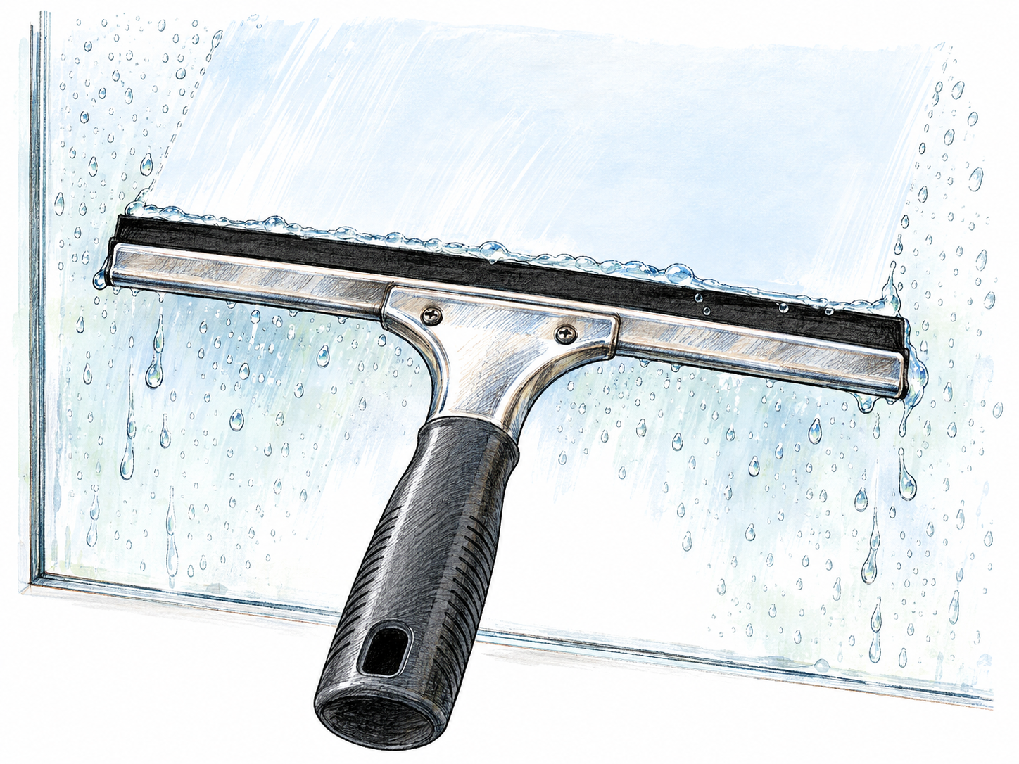 Close-up of a recognizable T-shaped window squeegee, its dark rubber blade resting against wet glass beside a broad cleared swath and gathered droplets.