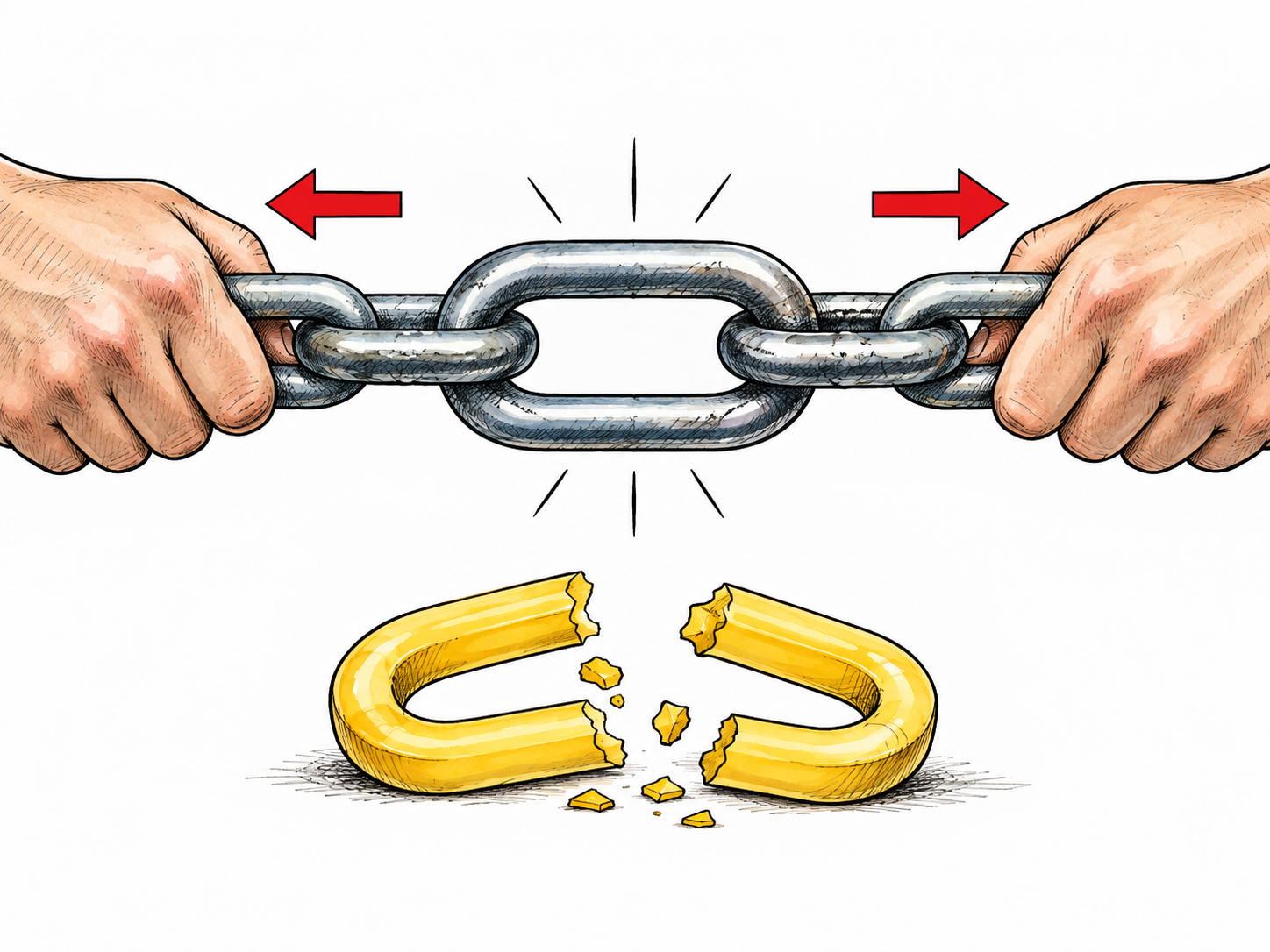 A strong steel link remains intact under two opposing pulling forces shown with short arrows, while a separate brittle plastic link is broken nearby.
