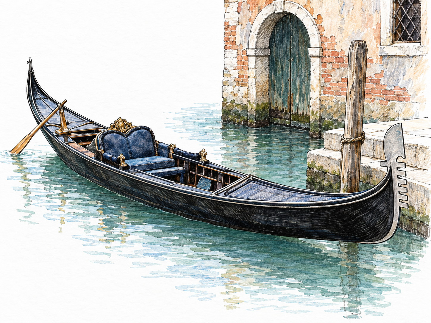A single traditional Venetian gondola seen in three-quarter side view on a quiet canal, with its long narrow black hull, raised curved ends, distinctive metal bow ornament, and passenger seating clearly visible.