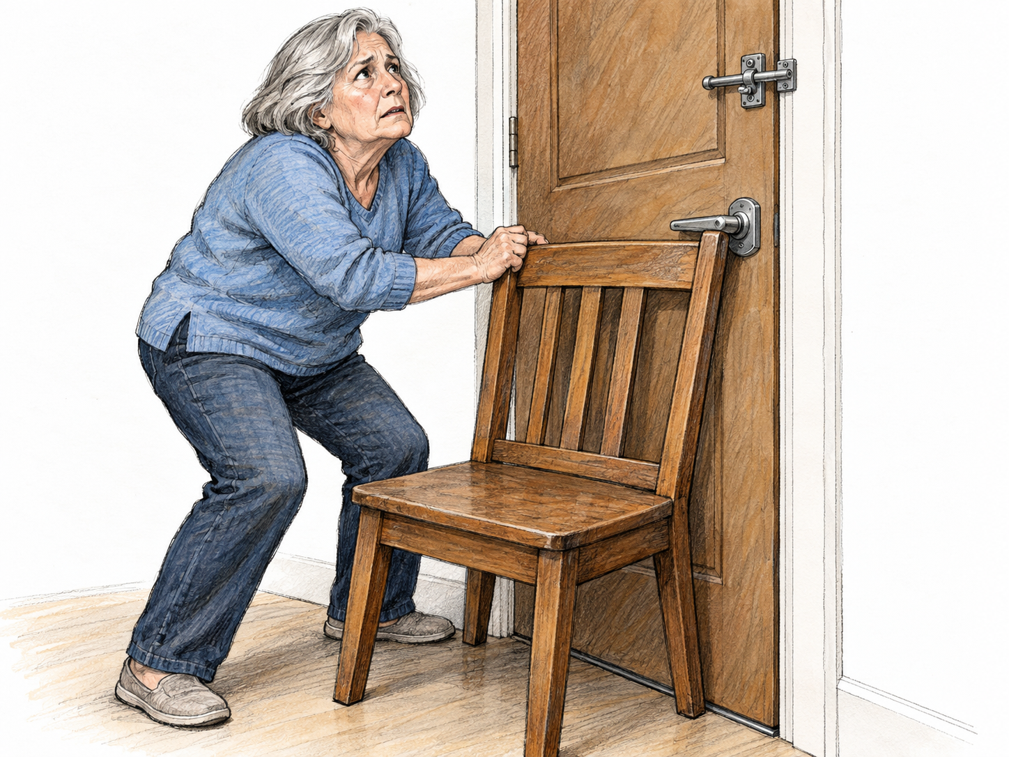An older woman feels unsafe at home: she braces a chair beneath the closed entrance door's handle and looks anxiously toward the door despite its engaged lock.