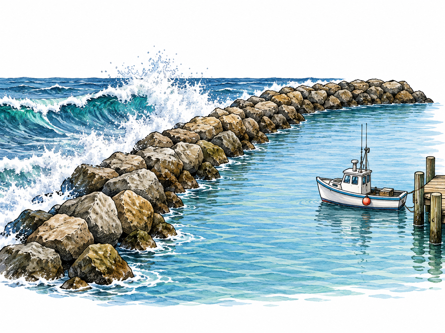 An offshore rock breakwater blocks large waves, leaving a small harbor boat in visibly calmer water behind it; focused cutaway landscape.