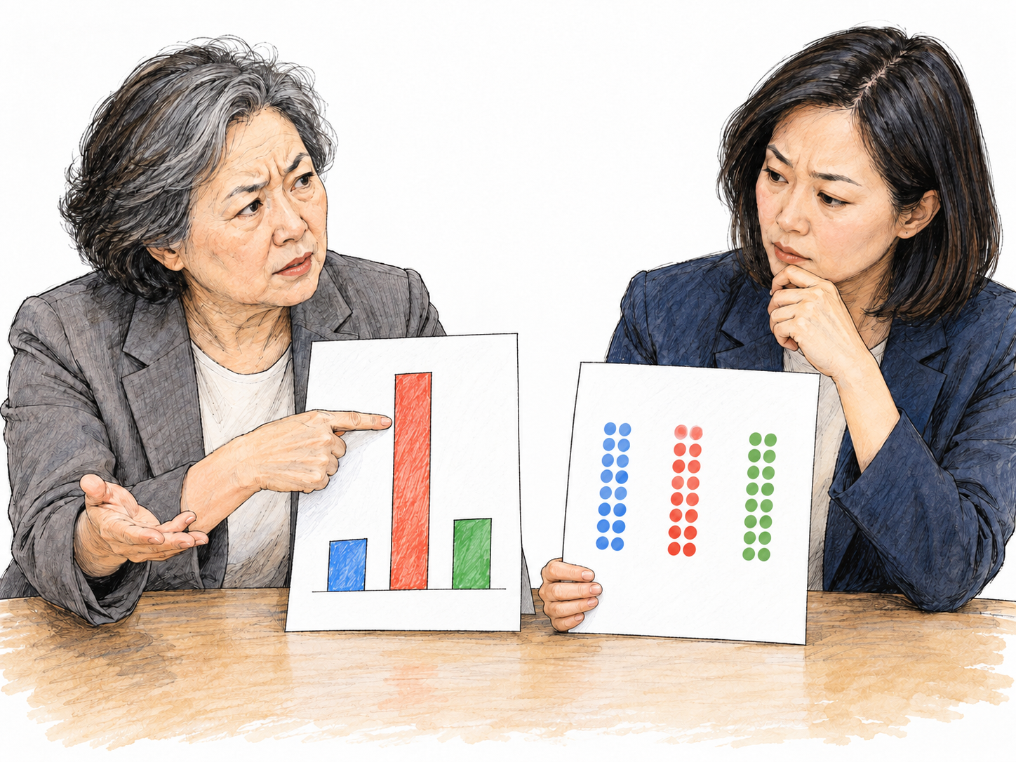 At a spare meeting table, an older woman challenges the validity of a presented chart by pointing out its visibly misleading scale beside the underlying evenly spaced data.