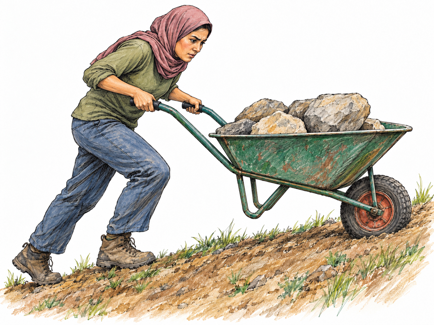 A young woman struggles to push a heavily loaded wheelbarrow up a short, steep garden slope, making a difficult task immediately visible.