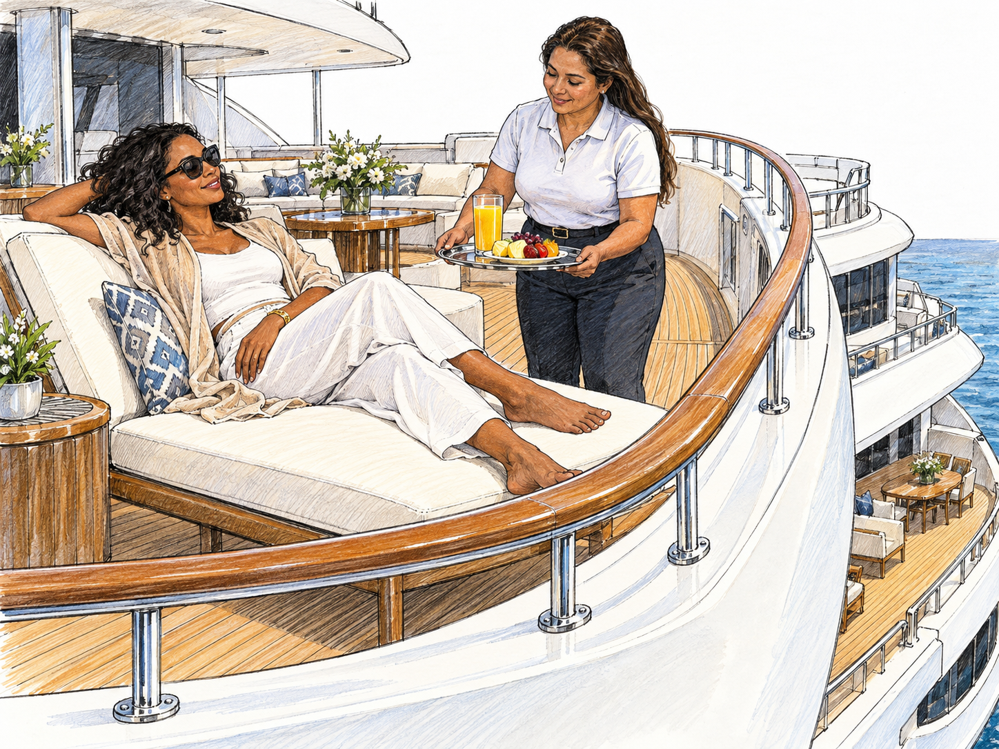 A very wealthy woman relaxes on her large private motor yacht, with a personal attendant serving refreshments.
