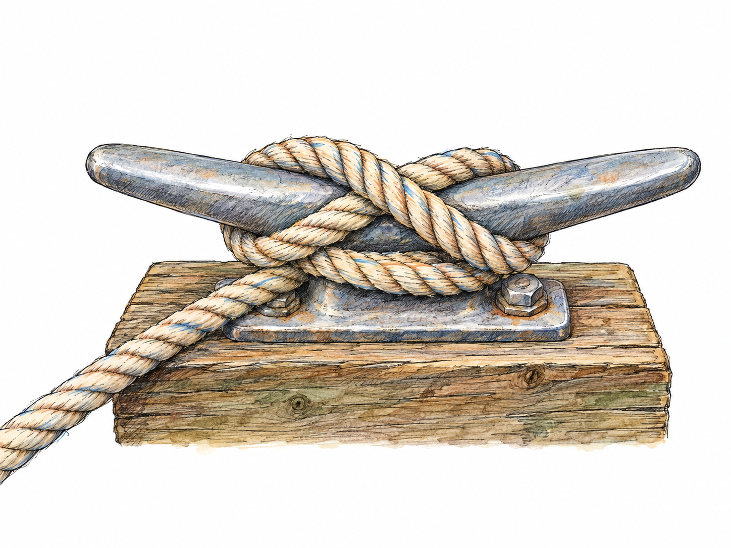 A single metal dock cleat mounted on a small timber section, securing a rope with a clearly drawn cleat hitch.