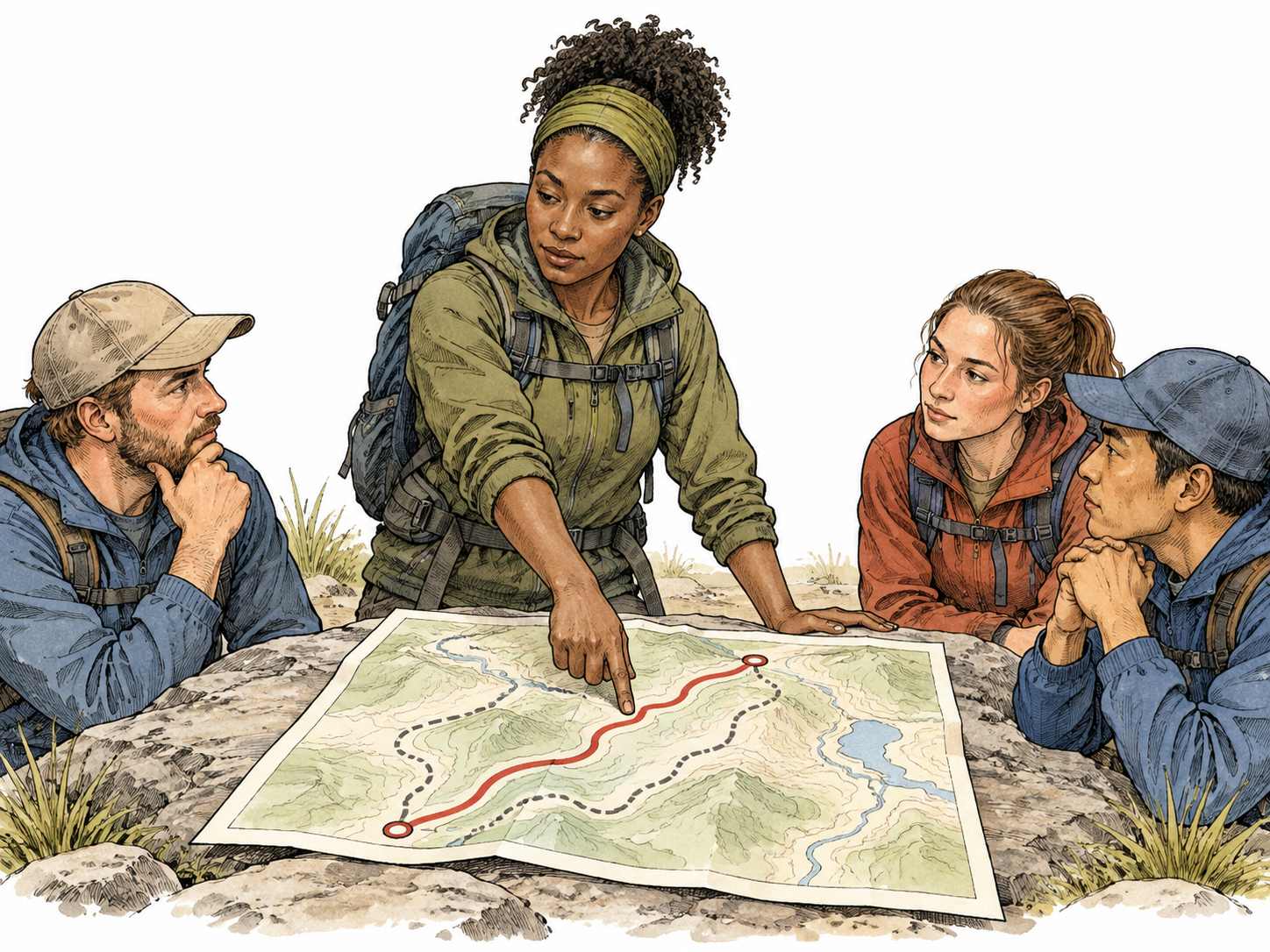 A Black team leader confidently selects one clear route on an unlabeled map as others listen.
