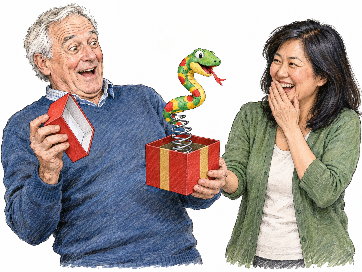 An older man opens a small gift box and recoils with an amused smile as an unmistakably artificial spring snake pops out; the woman who handed it to him laughs beside him.