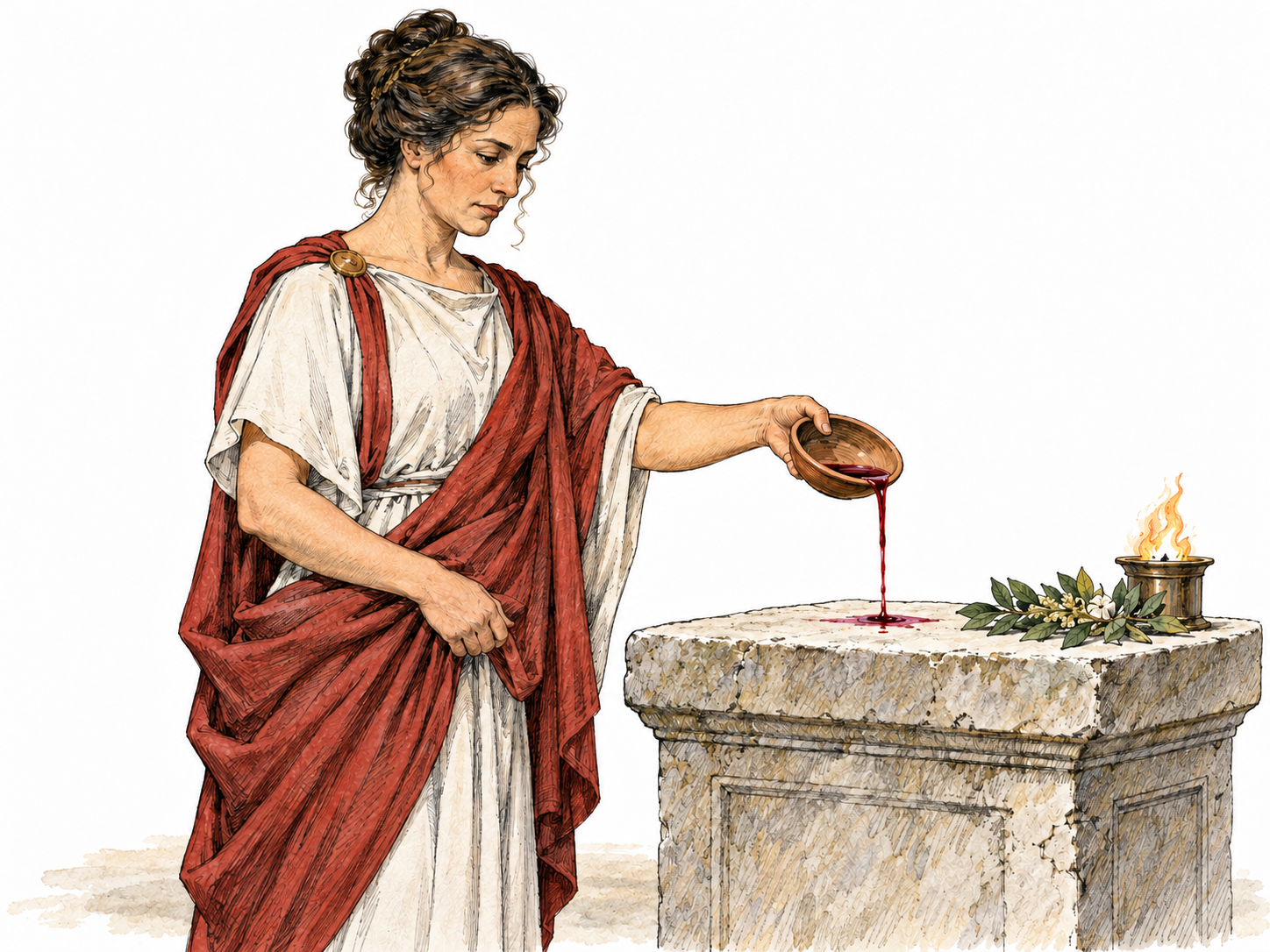 An ancient Roman worshipper deliberately pours wine from a shallow offering bowl onto a small outdoor stone altar, making the ritual-pouring sense visible.