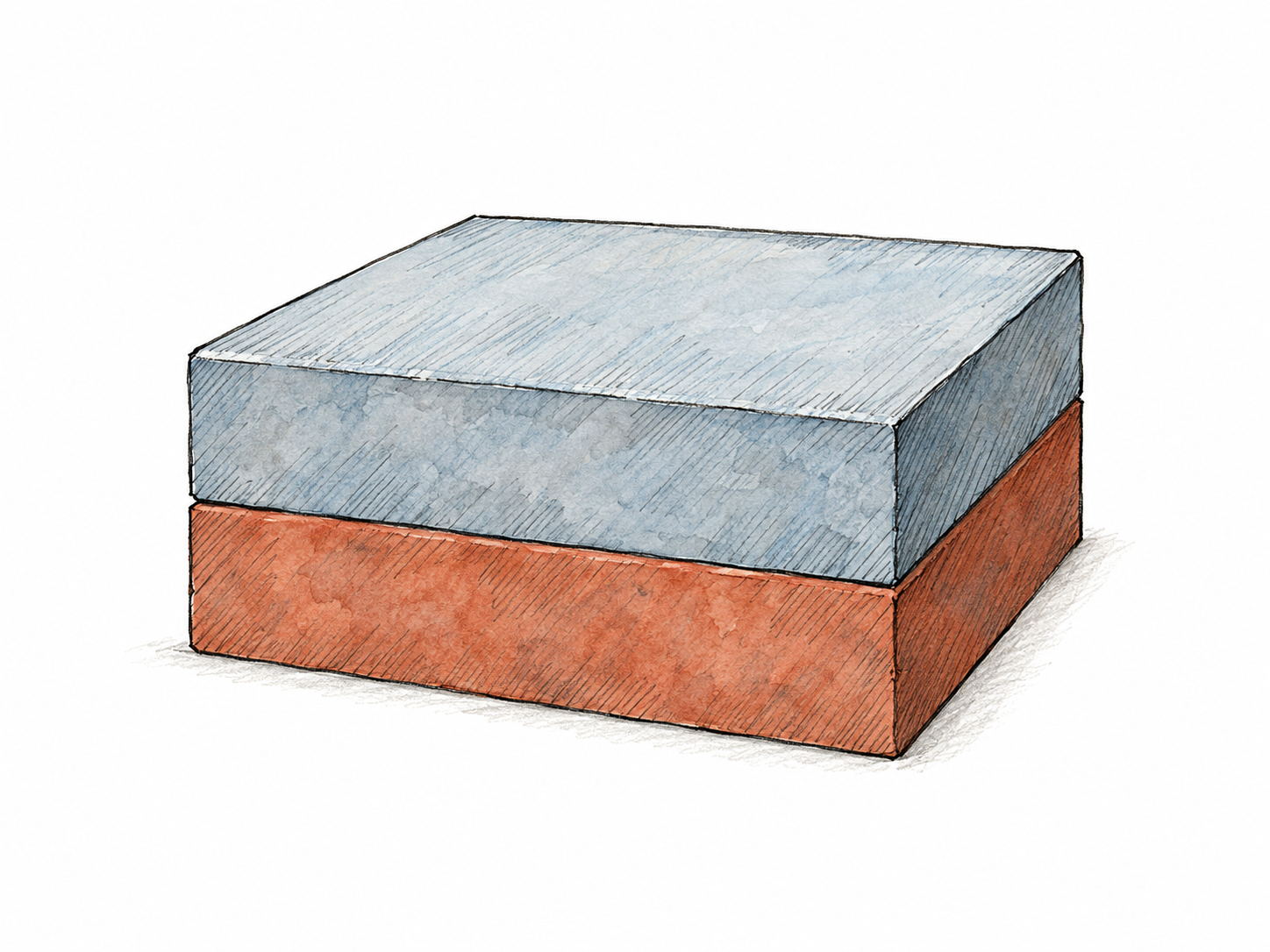 Two solid rectangular slabs placed directly one upon the other, with contrasting natural colors and a clearly visible horizontal contact seam.