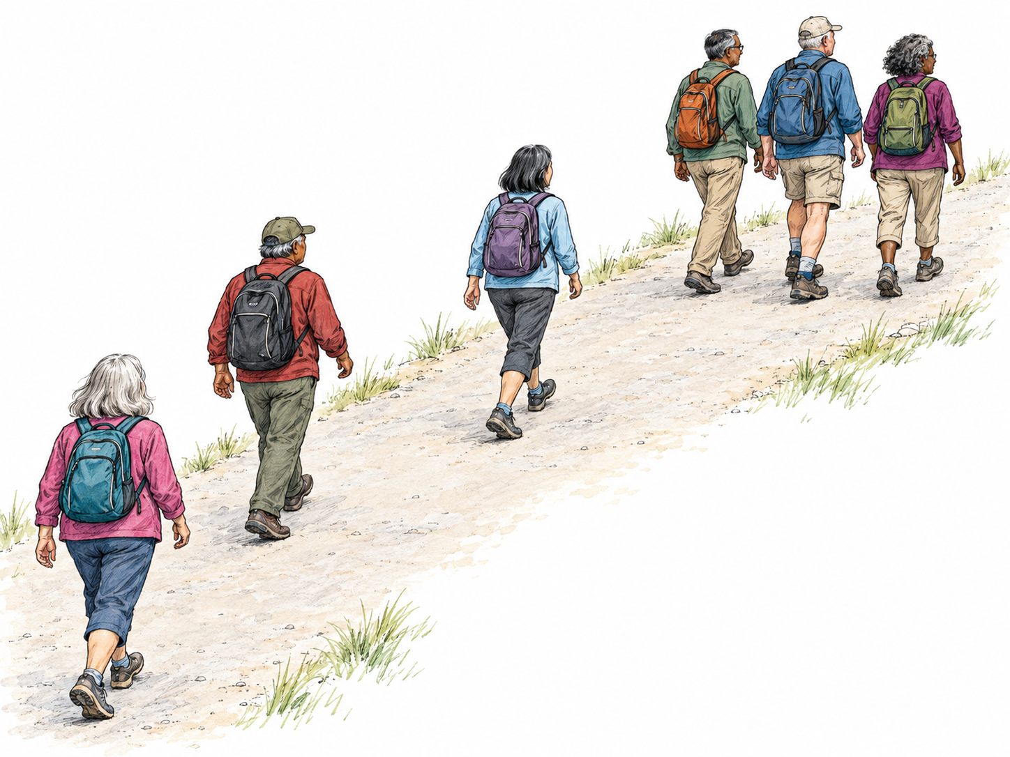 A walking party advances together along a simple path while three companions trail far behind at visibly uneven intervals and lateral positions.