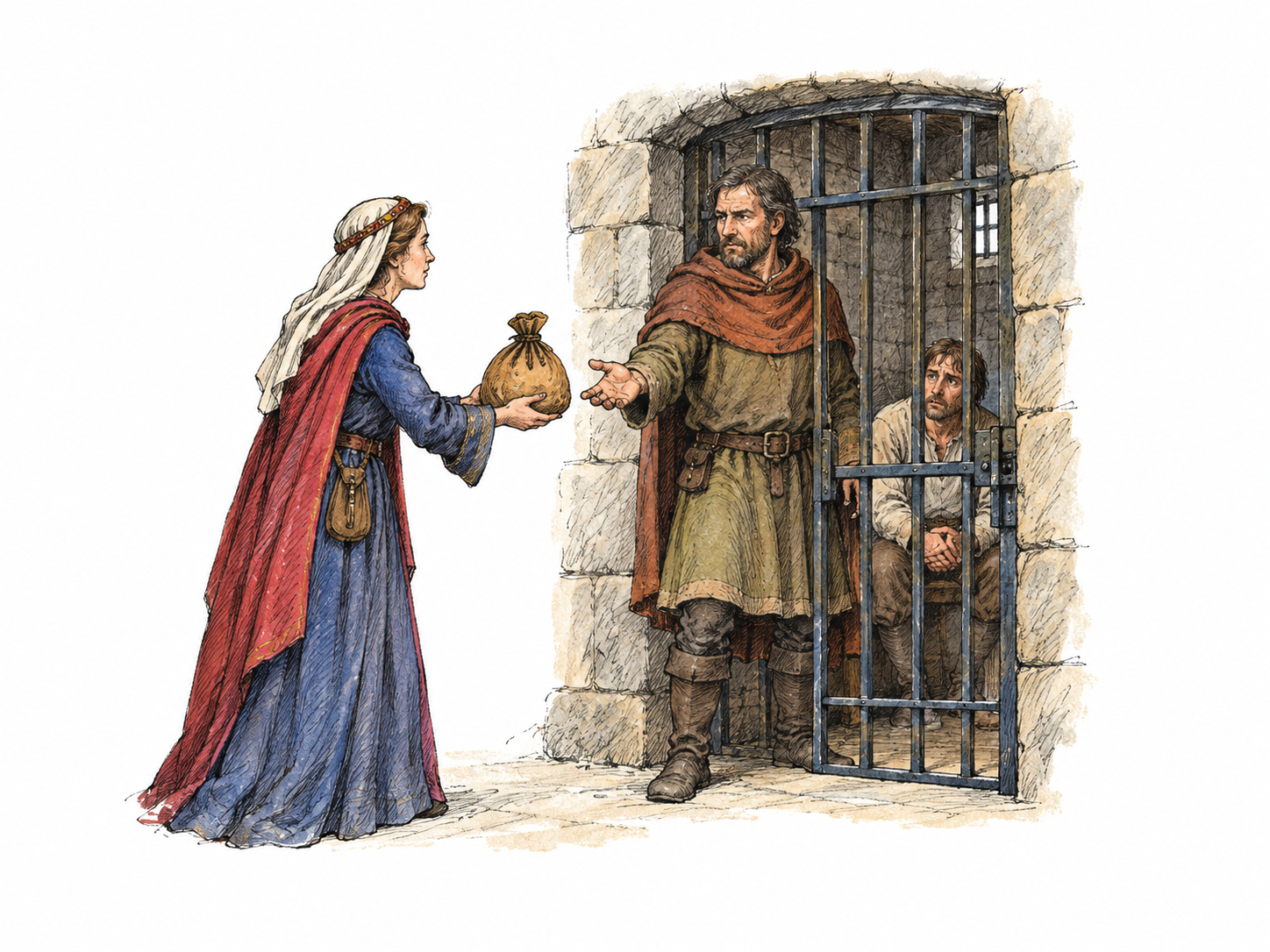 A captor guards a worried seated captive behind a barred doorway and demands a heavy purse held out by a arriving negotiator; open palm toward money, restrained nonviolent scene, no weapons.